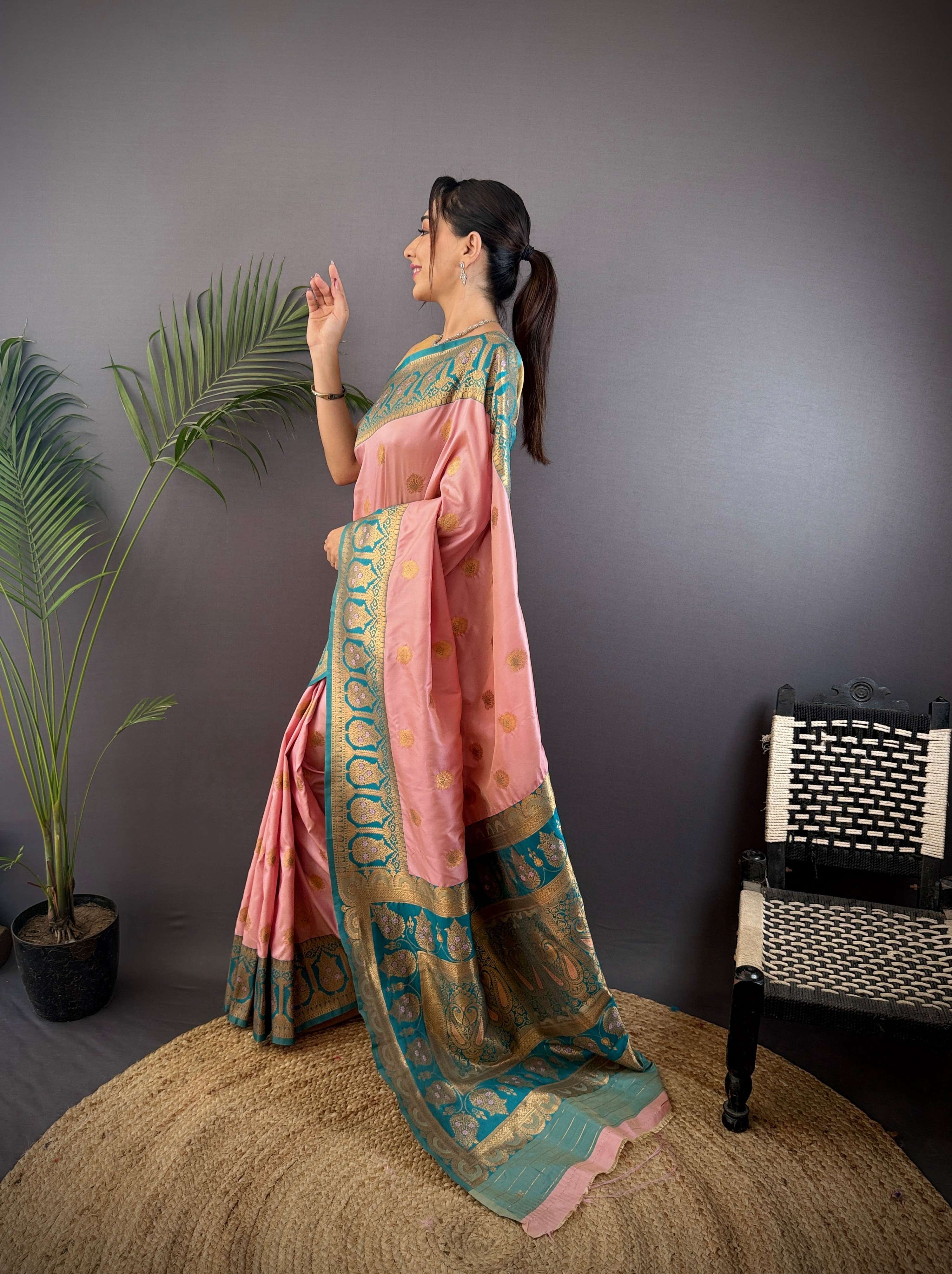 Sonakshi Women's Light Peach Banarasi Silk Zari Woven Traditional Saree with Blouse