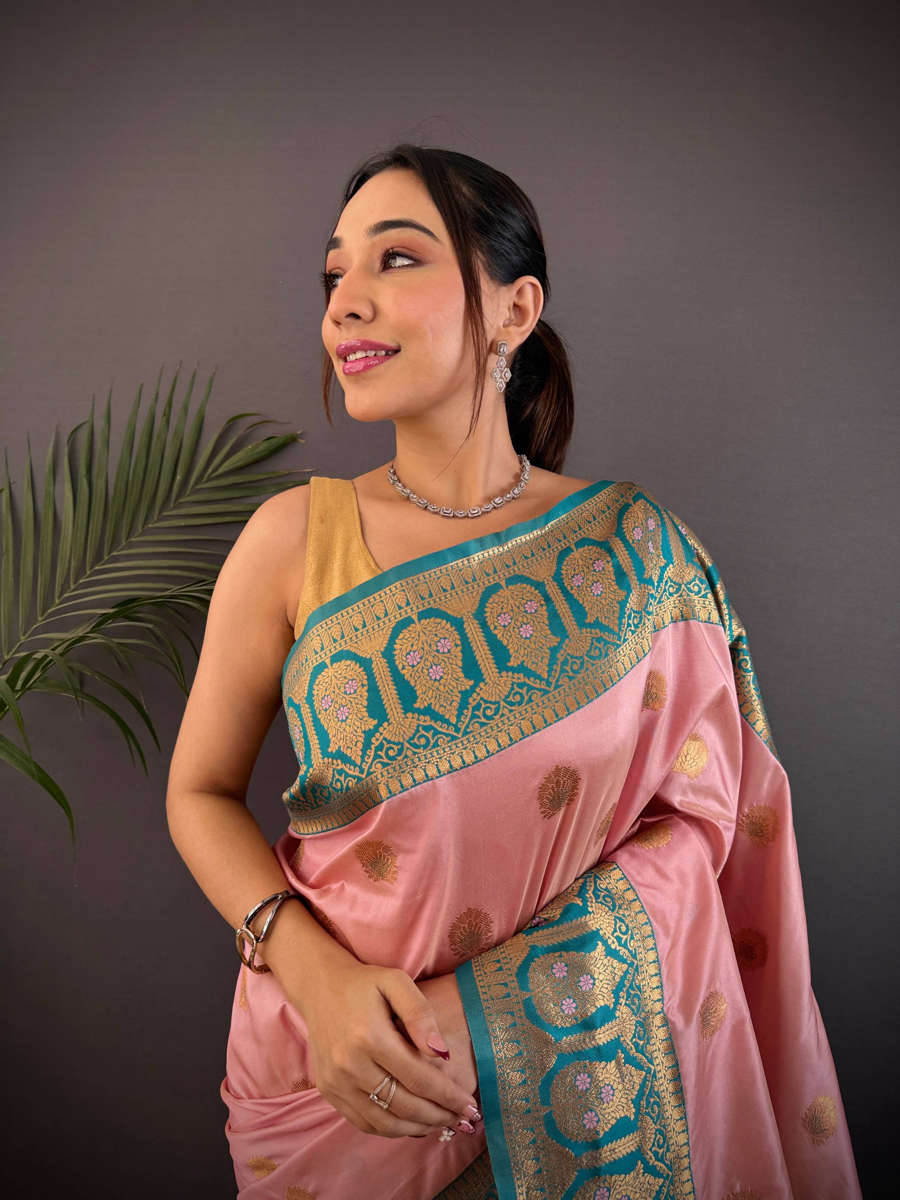Sonakshi Women's Light Peach Banarasi Silk Zari Woven Traditional Saree with Blouse