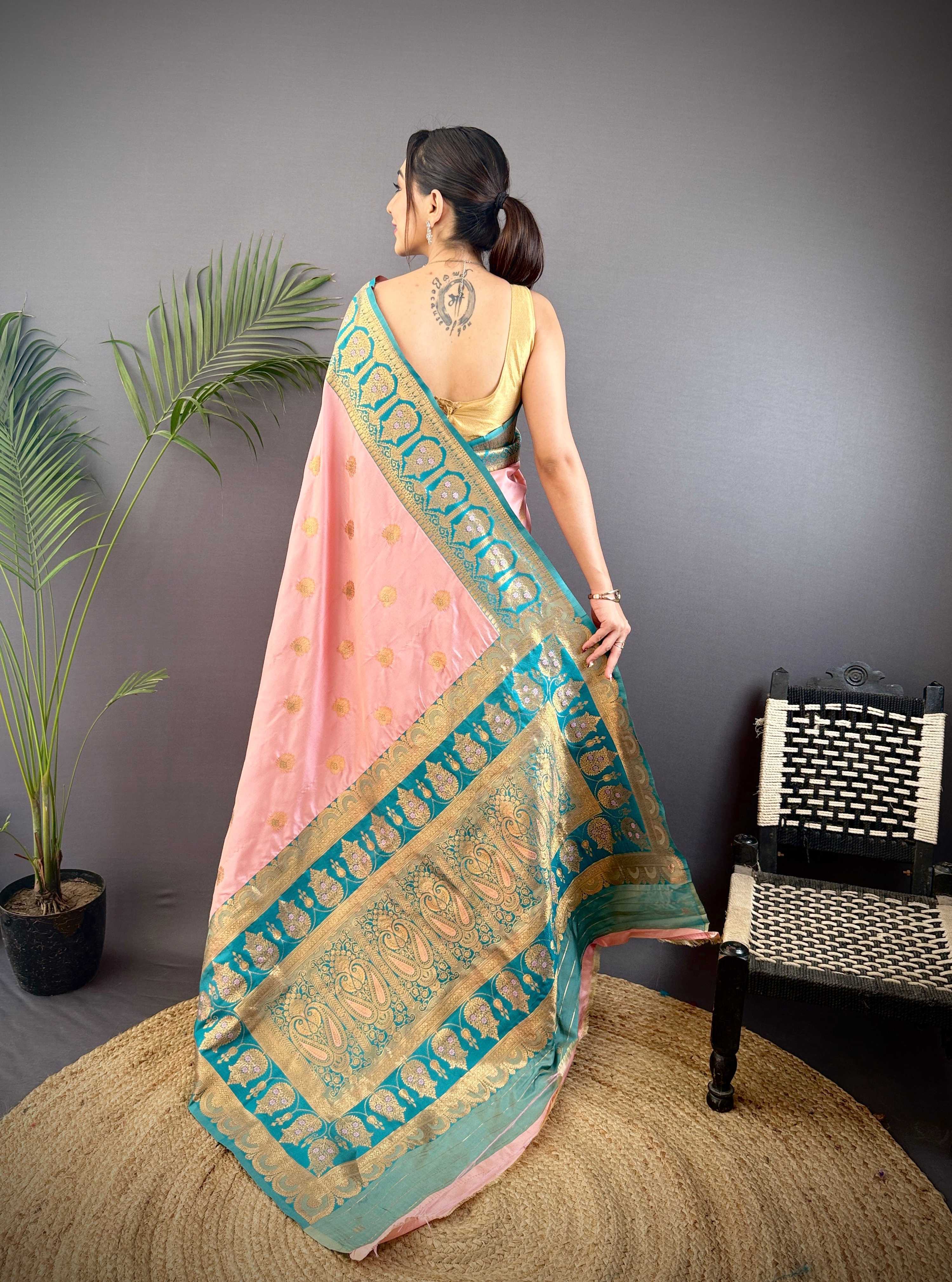 Sonakshi Women's Light Peach Banarasi Silk Zari Woven Traditional Saree with Blouse