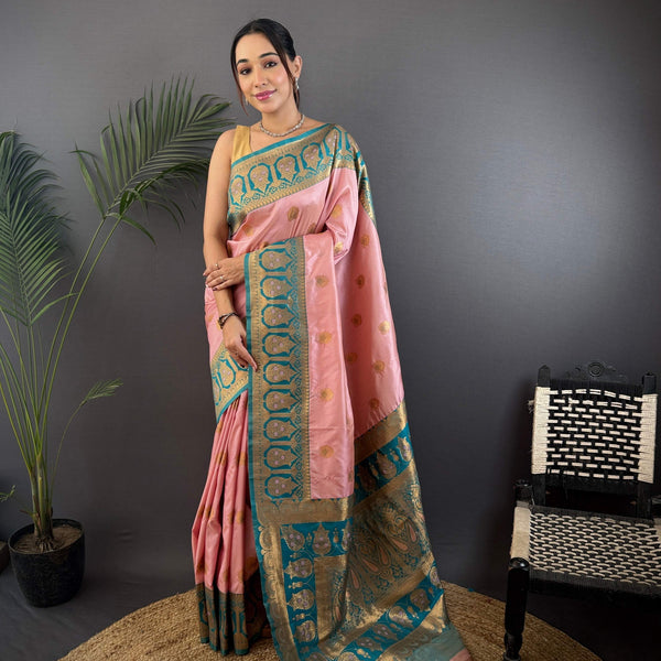 Sonakshi Women's Light Peach Banarasi Silk Zari Woven Traditional Saree with Blouse - Distacart