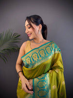 Thumbnail for Sonakshi Women's Mehendi Banarasi Silk Zari Woven Traditional Saree with Blouse