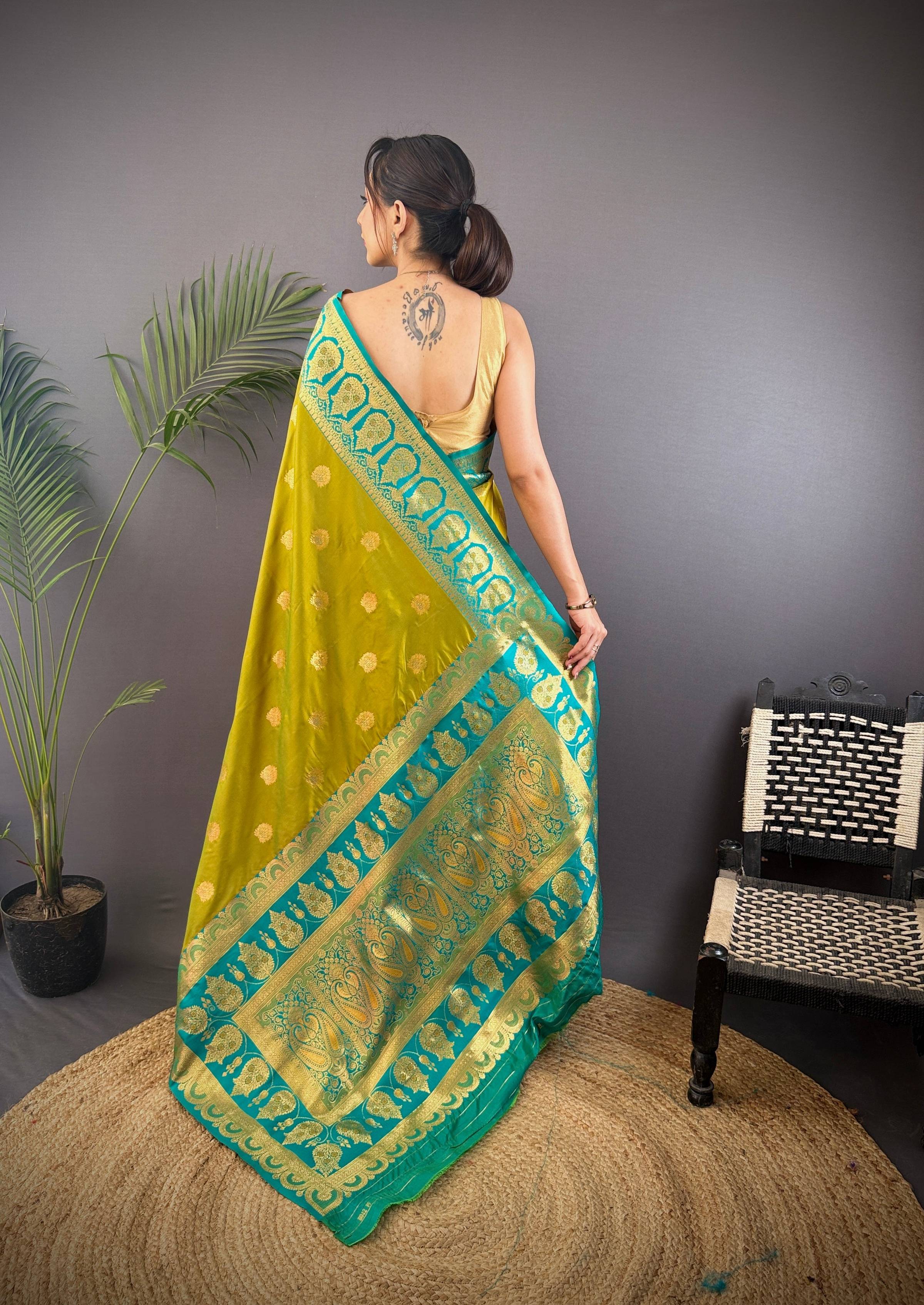 Sonakshi Women's Mehendi Banarasi Silk Zari Woven Traditional Saree with Blouse