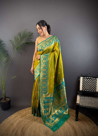 Sonakshi Women's Mehendi Banarasi Silk Zari Woven Traditional Saree with Blouse