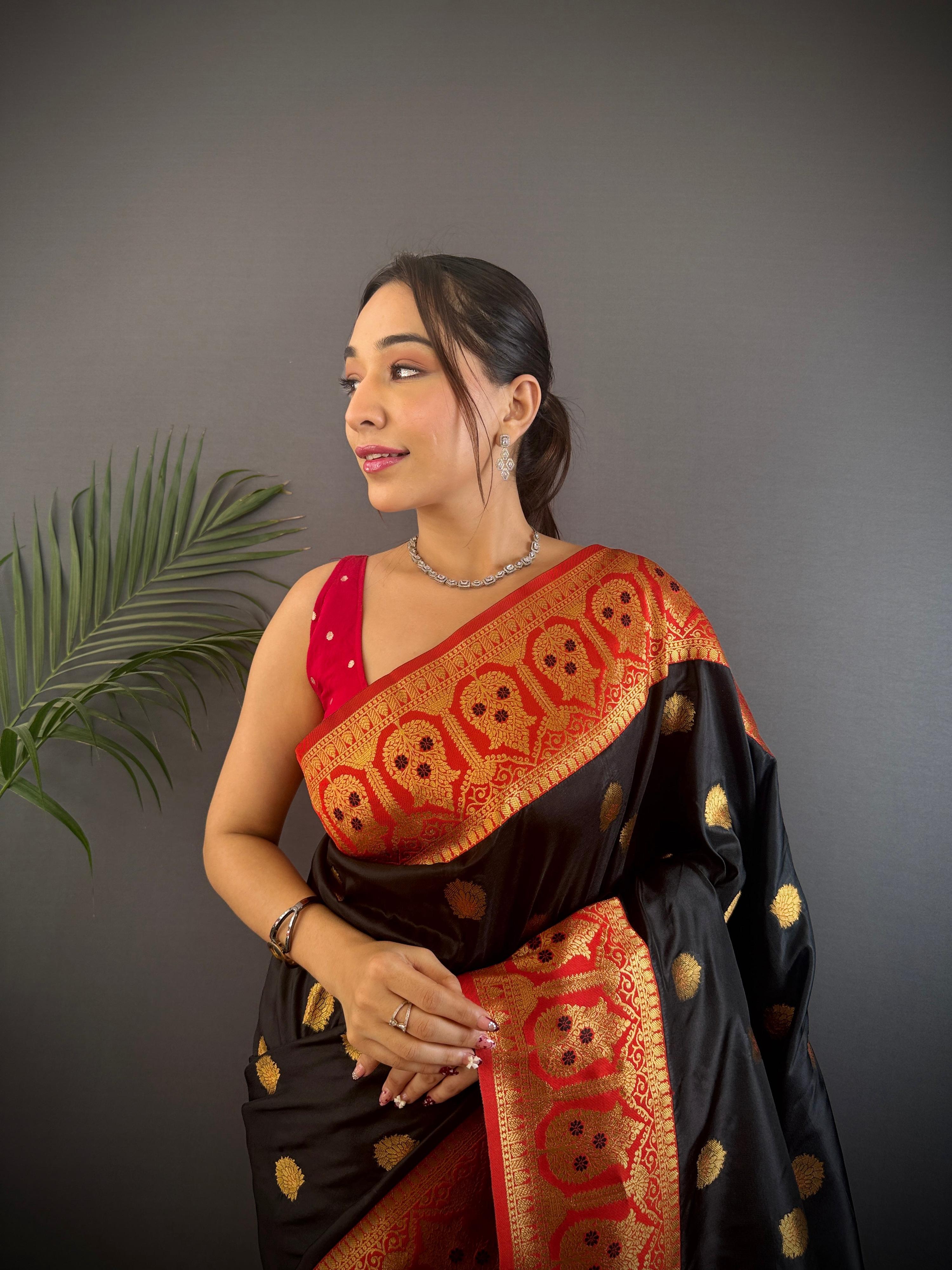 Sonakshi Women's Black Banarasi Silk Zari Woven Traditional Saree with Blouse
