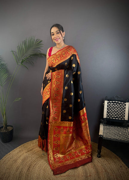 Sonakshi Women's Black Banarasi Silk Zari Woven Traditional Saree with Blouse