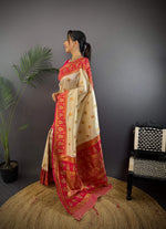 Thumbnail for Sonakshi Women's Cream Banarasi Silk Zari Woven Traditional Saree with Blouse