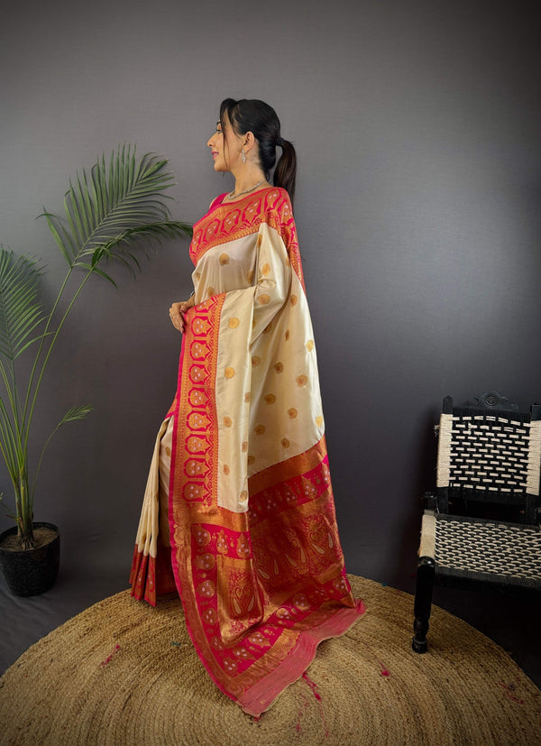 Sonakshi Women's Cream Banarasi Silk Zari Woven Traditional Saree with Blouse
