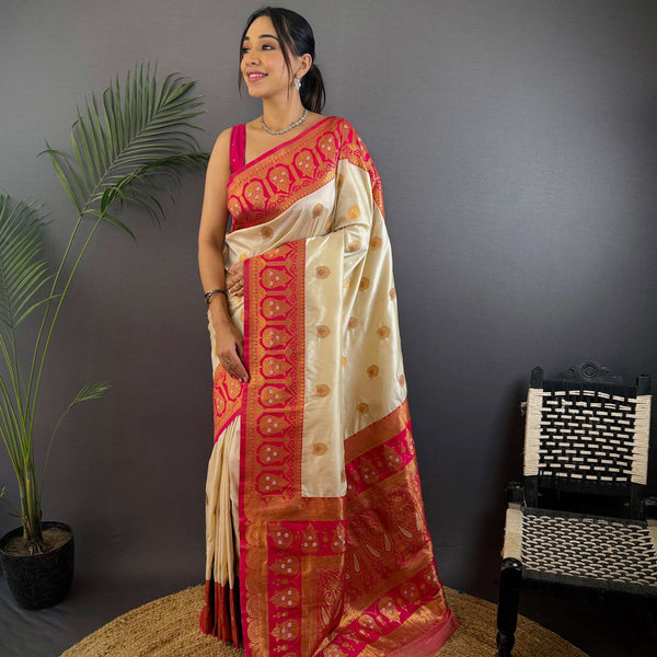 Sonakshi Women's Cream Banarasi Silk Zari Woven Traditional Saree with Blouse - Distacart