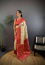 Thumbnail for Sonakshi Women's Cream Banarasi Silk Zari Woven Traditional Saree with Blouse