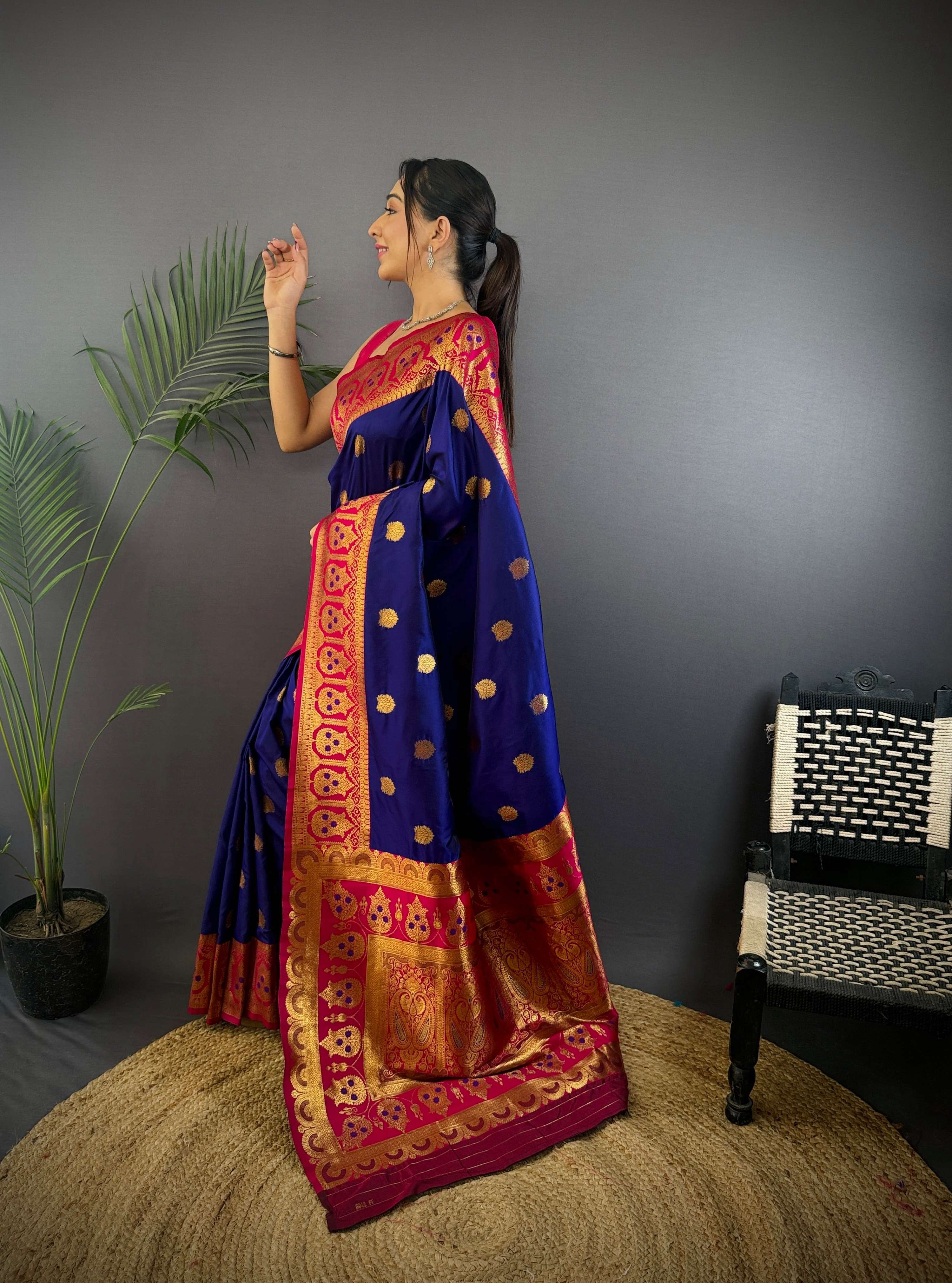 Sonakshi Women's Navy Blue Banarasi Silk Zari Woven Traditional Saree with Blouse