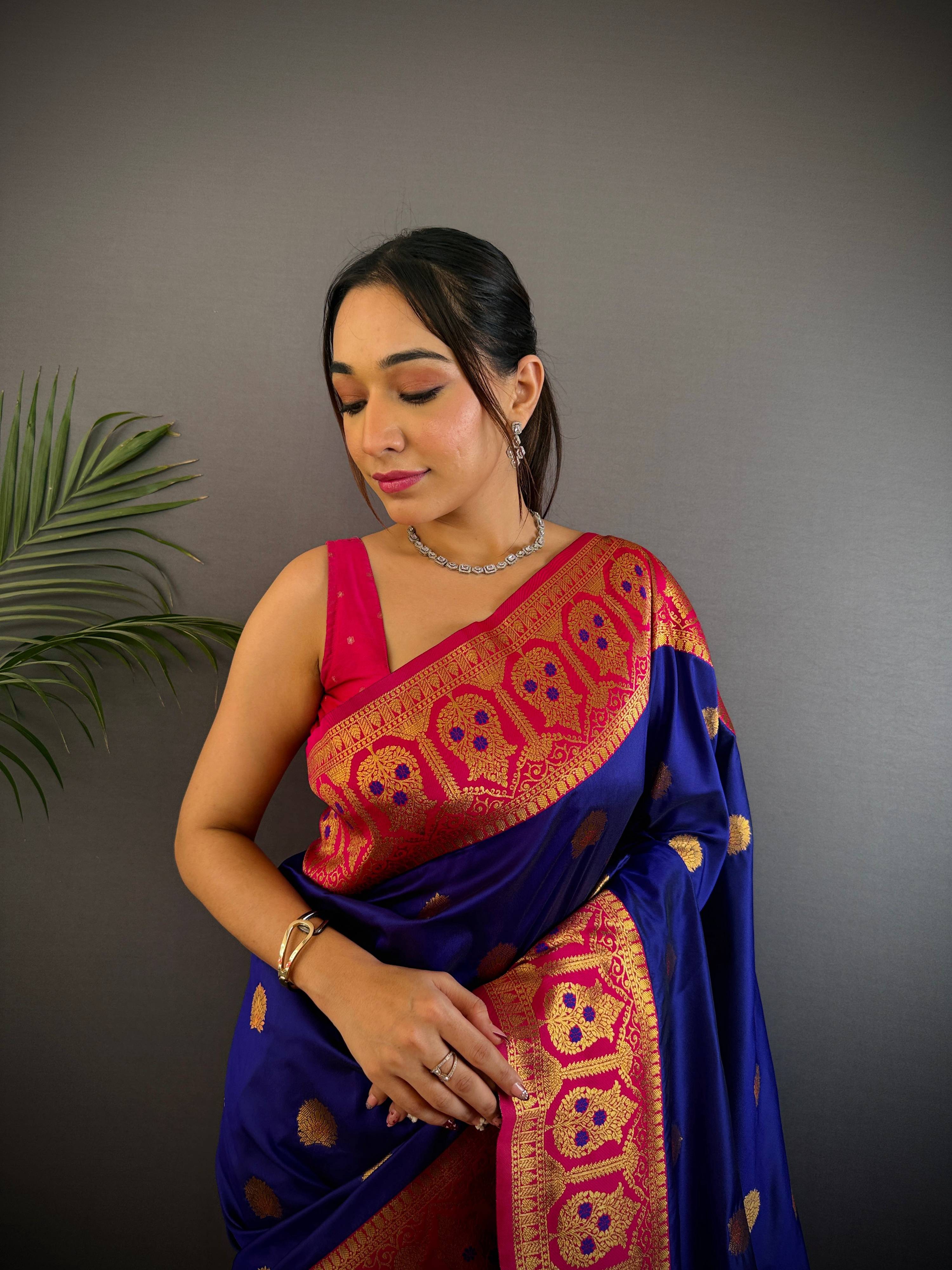 Sonakshi Women's Navy Blue Banarasi Silk Zari Woven Traditional Saree with Blouse