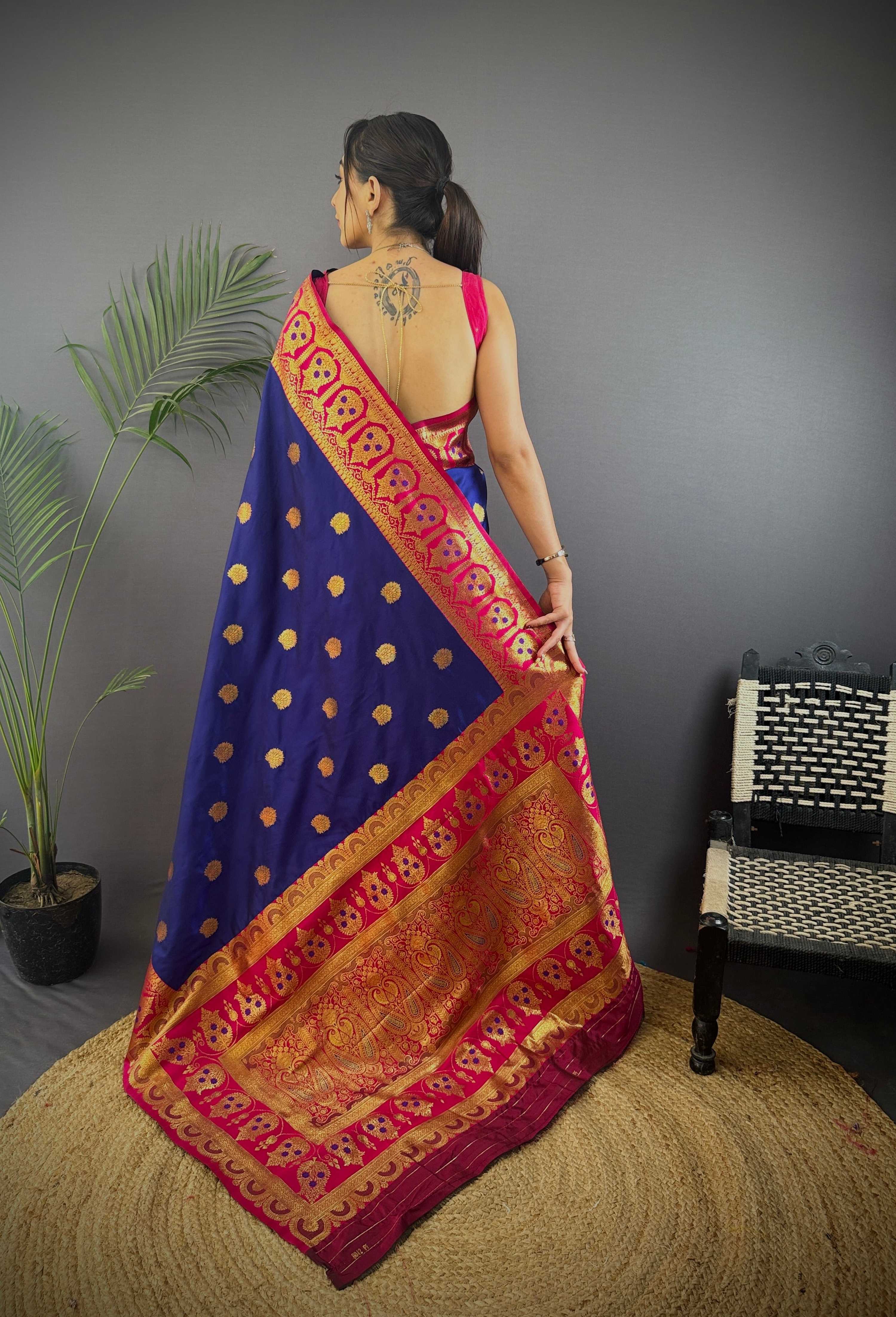 Sonakshi Women's Navy Blue Banarasi Silk Zari Woven Traditional Saree with Blouse
