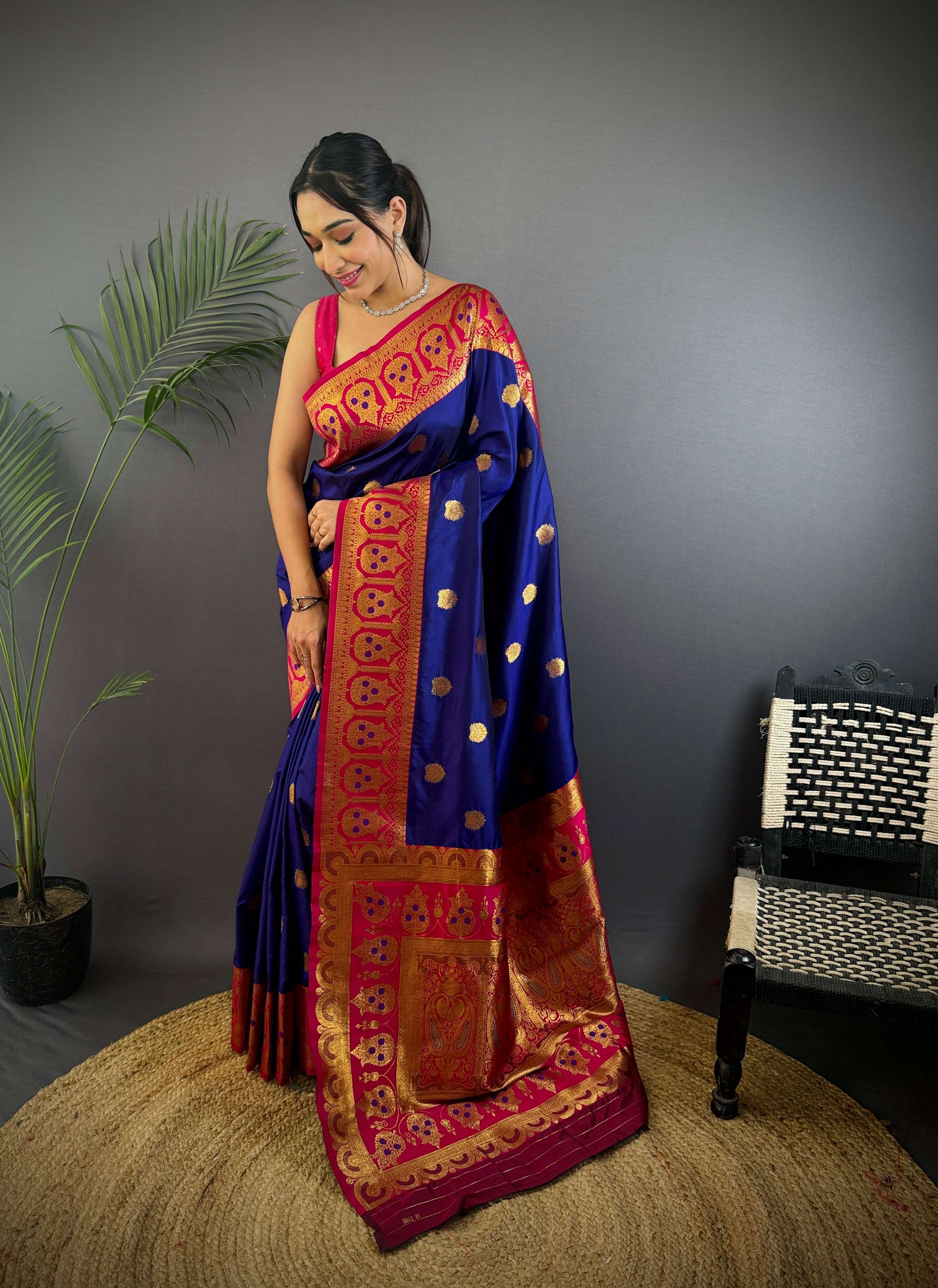 Sonakshi Women's Navy Blue Banarasi Silk Zari Woven Traditional Saree with Blouse