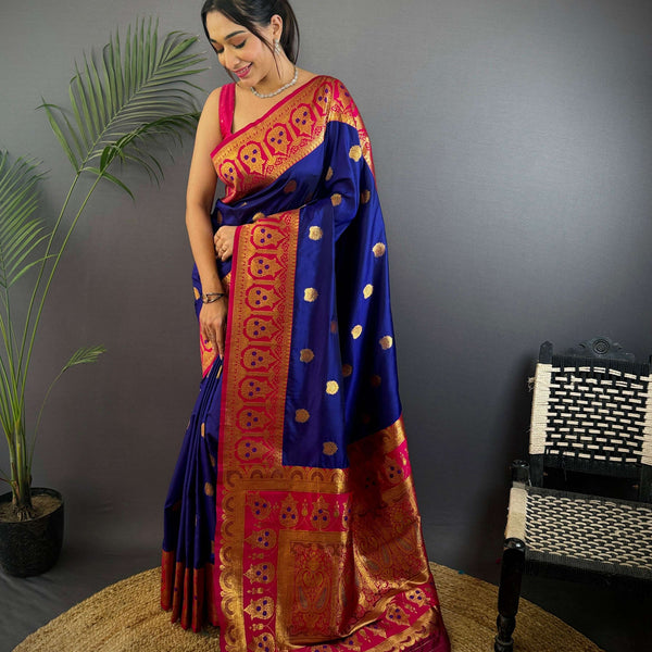 Sonakshi Women's Navy Blue Banarasi Silk Zari Woven Traditional Saree with Blouse - Distacart