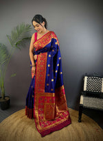 Thumbnail for Sonakshi Women's Navy Blue Banarasi Silk Zari Woven Traditional Saree with Blouse