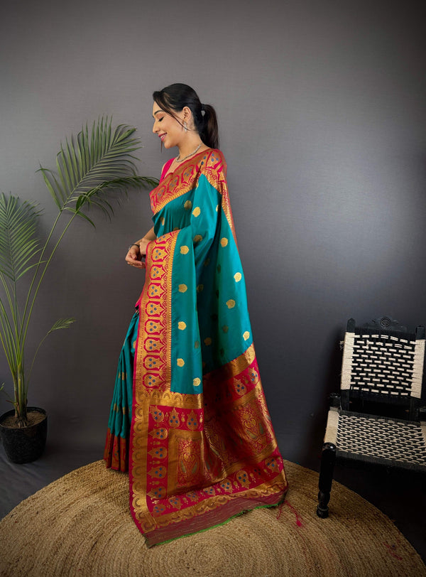 Sonakshi Women's Teal Banarasi Silk Zari Woven Traditional Saree with Blouse