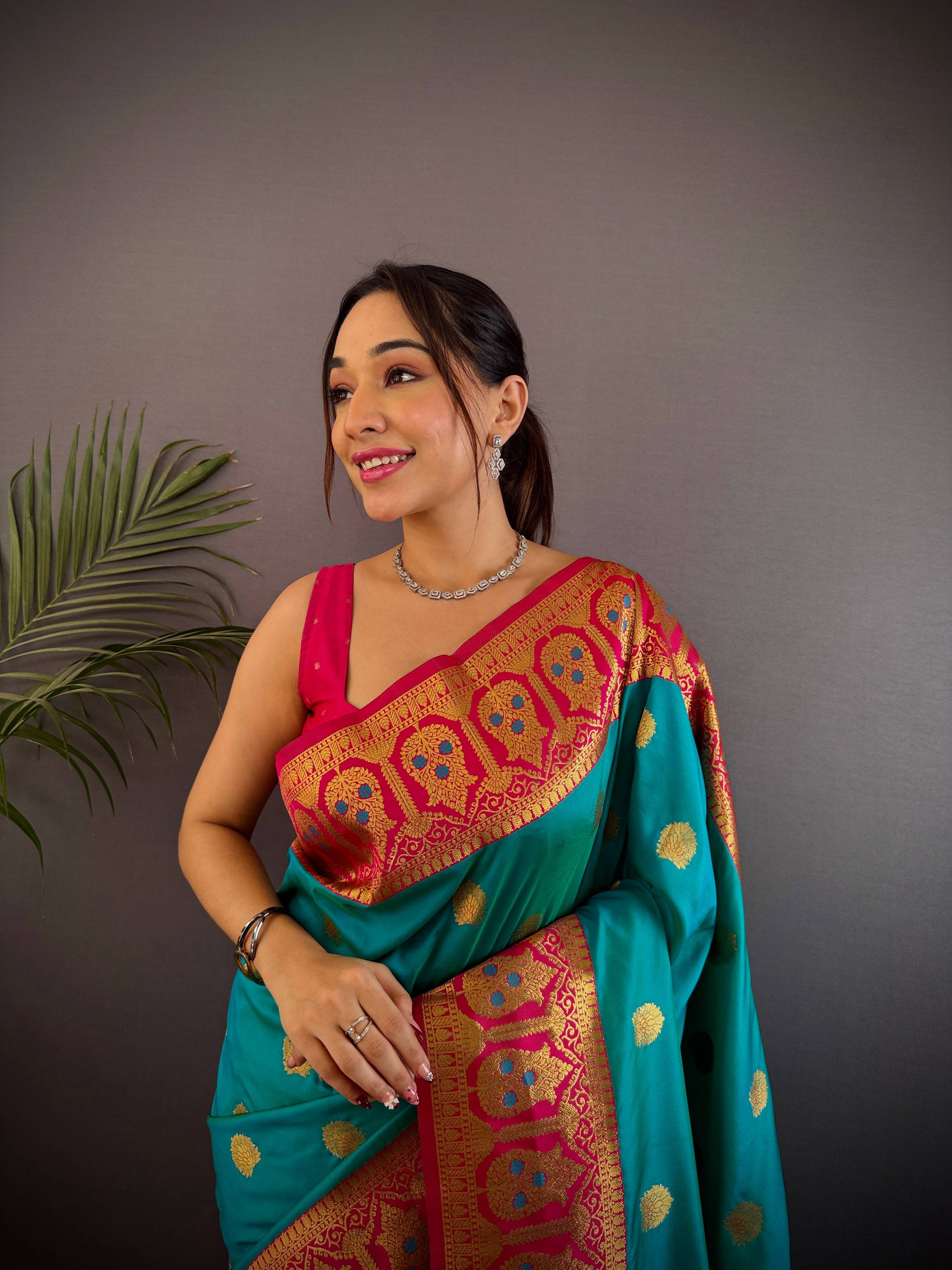 Sonakshi Women's Teal Banarasi Silk Zari Woven Traditional Saree with Blouse