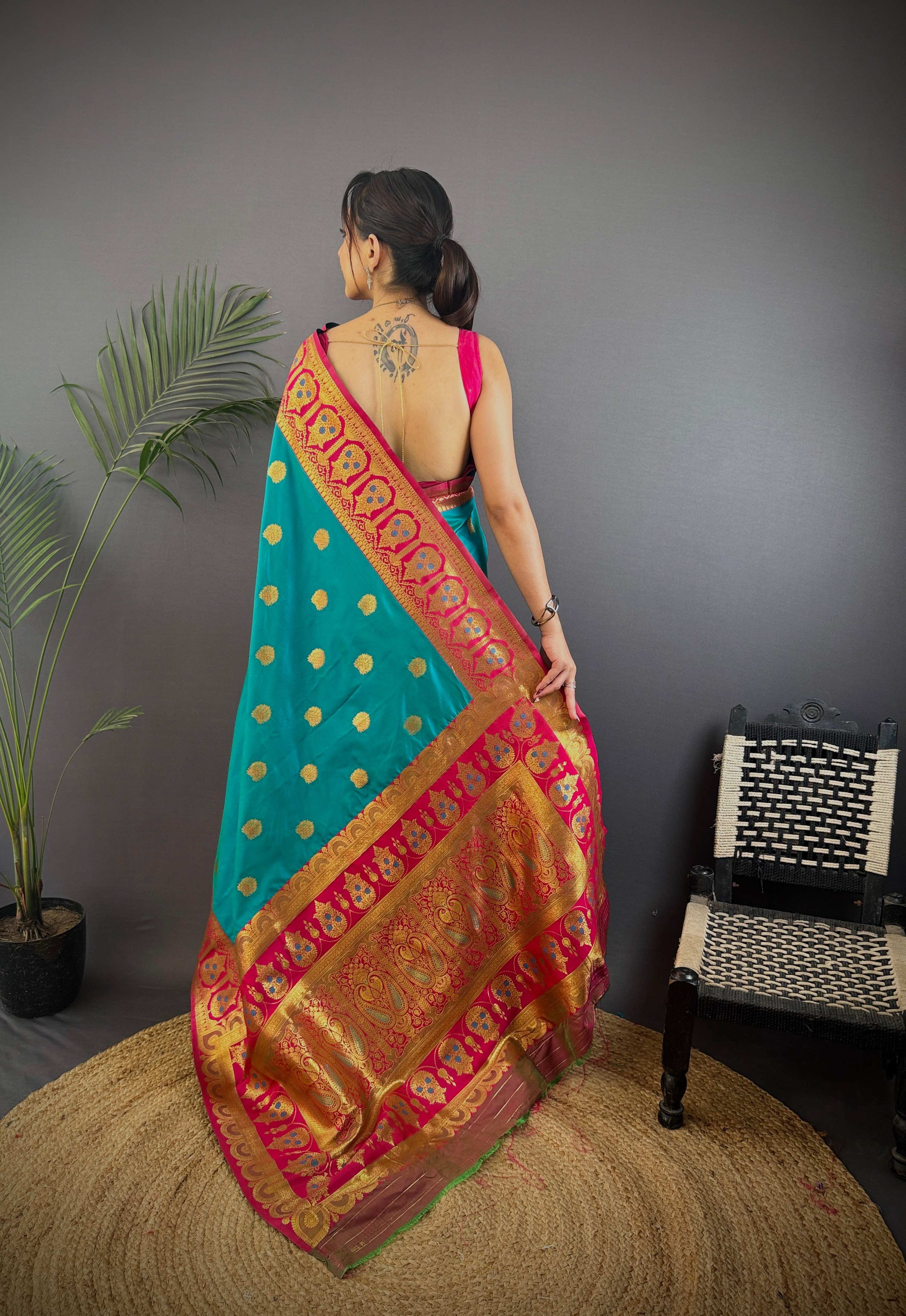 Sonakshi Women's Teal Banarasi Silk Zari Woven Traditional Saree with Blouse