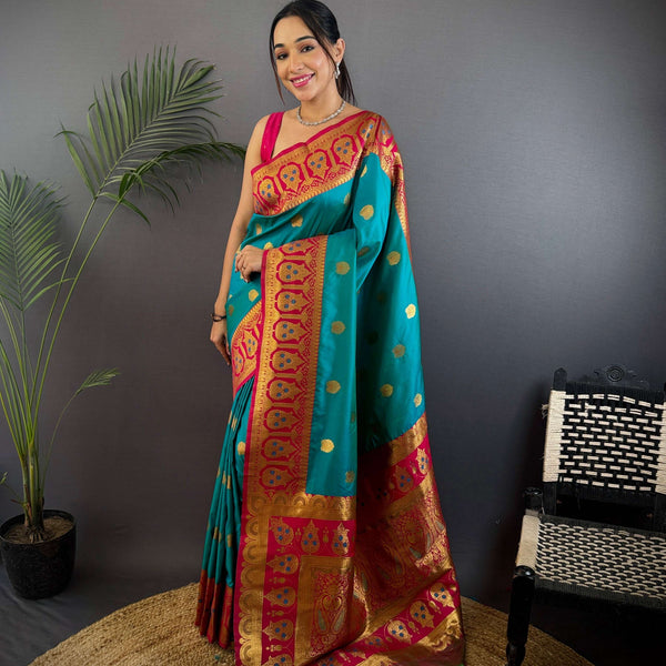 Sonakshi Women's Teal Banarasi Silk Zari Woven Traditional Saree with Blouse - Distacart