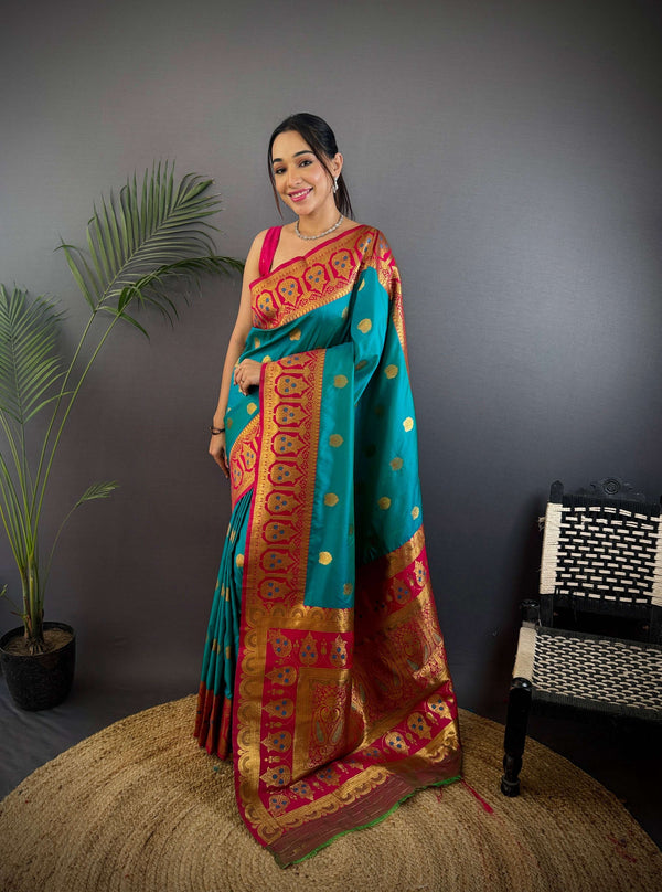 Sonakshi Women's Teal Banarasi Silk Zari Woven Traditional Saree with Blouse