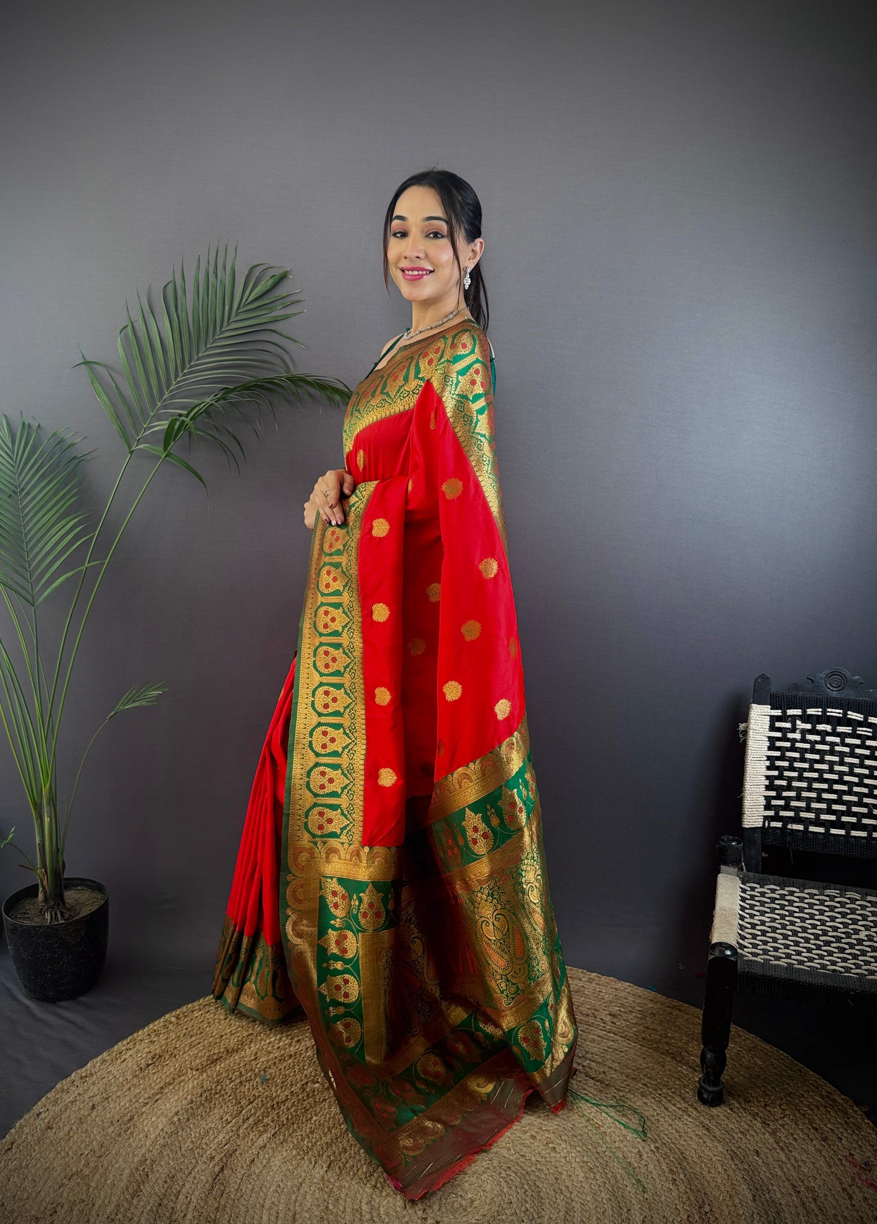 Sonakshi Women's Red Banarasi Silk Zari Woven Traditional Saree with Blouse