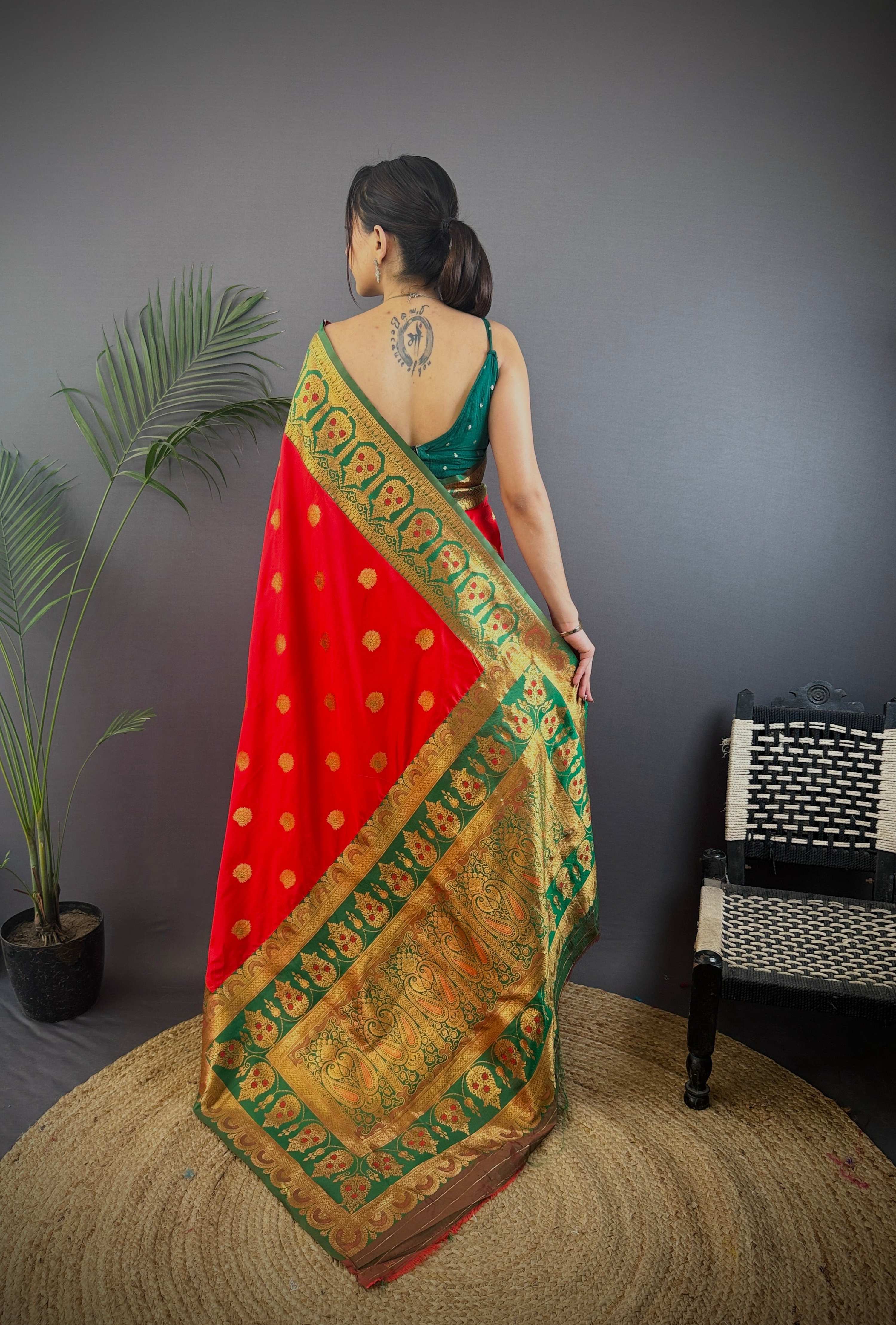 Sonakshi Women's Red Banarasi Silk Zari Woven Traditional Saree with Blouse