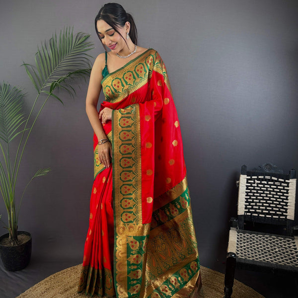 Sonakshi Women's Red Banarasi Silk Zari Woven Traditional Saree with Blouse - Distacart