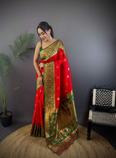 Sonakshi Women's Red Banarasi Silk Zari Woven Traditional Saree with Blouse