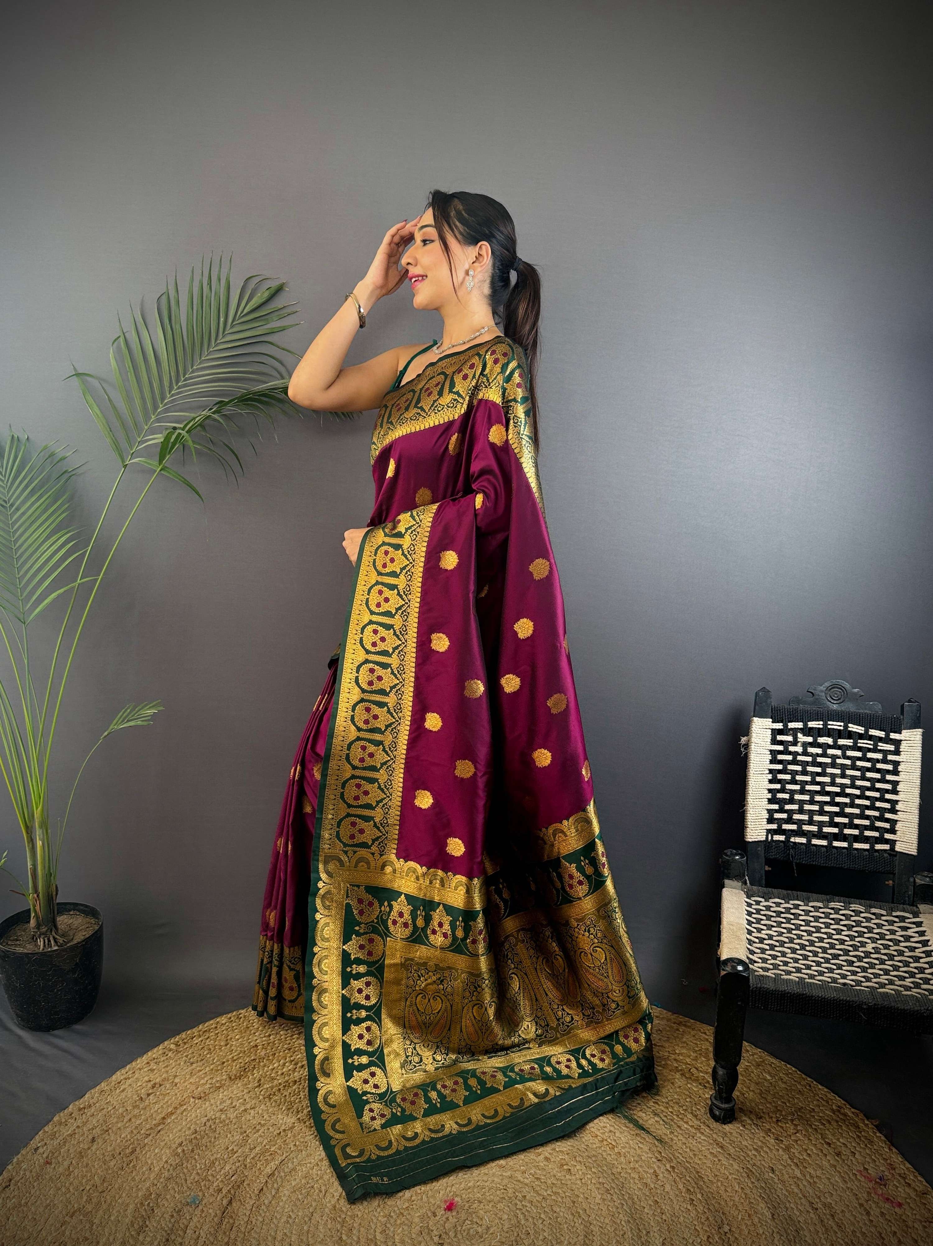 Sonakshi Women's Wine Banarasi Silk Zari Woven Traditional Saree with Blouse