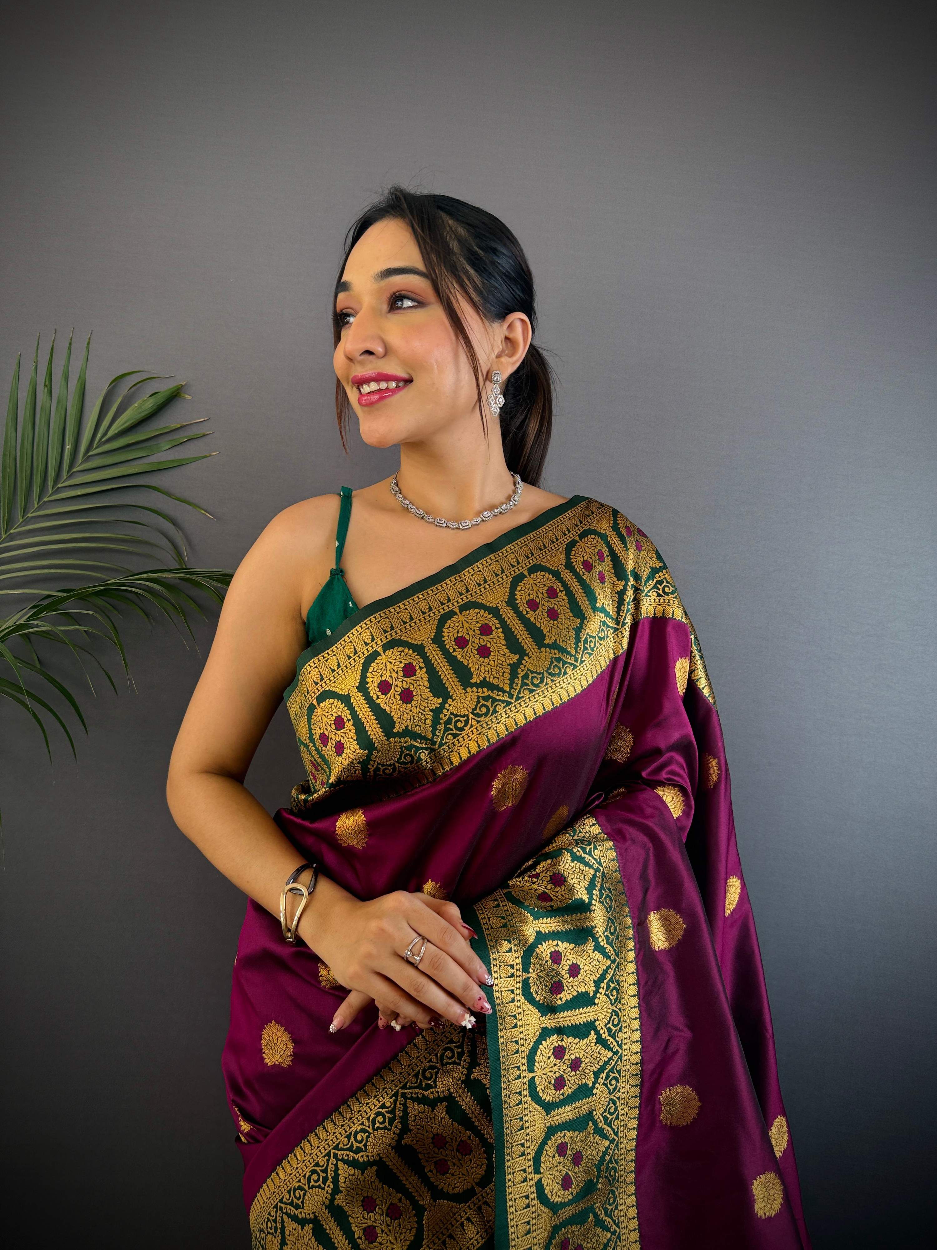 Sonakshi Women's Wine Banarasi Silk Zari Woven Traditional Saree with Blouse