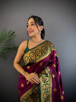 Thumbnail for Sonakshi Women's Wine Banarasi Silk Zari Woven Traditional Saree with Blouse