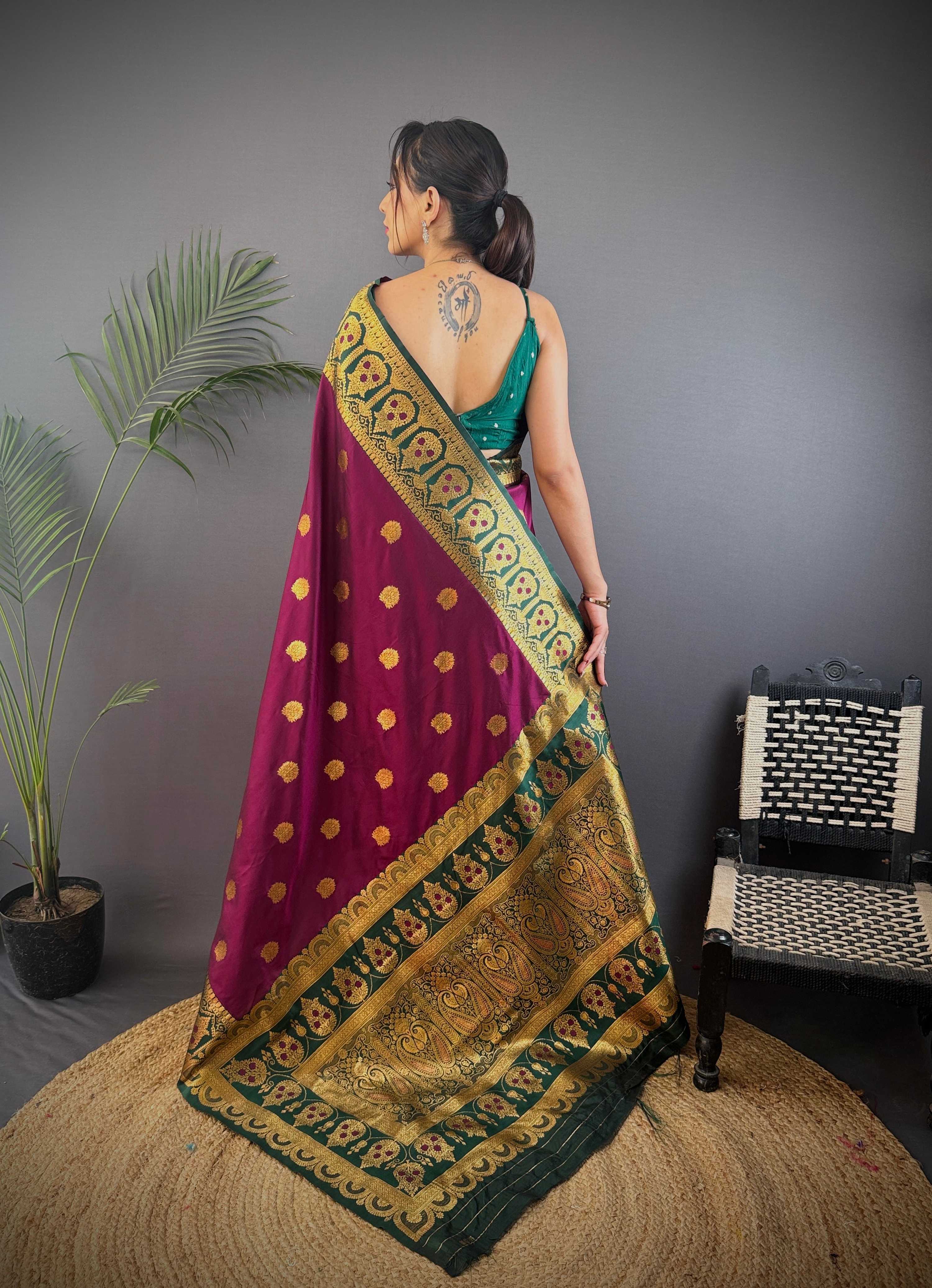 Sonakshi Women's Wine Banarasi Silk Zari Woven Traditional Saree with Blouse