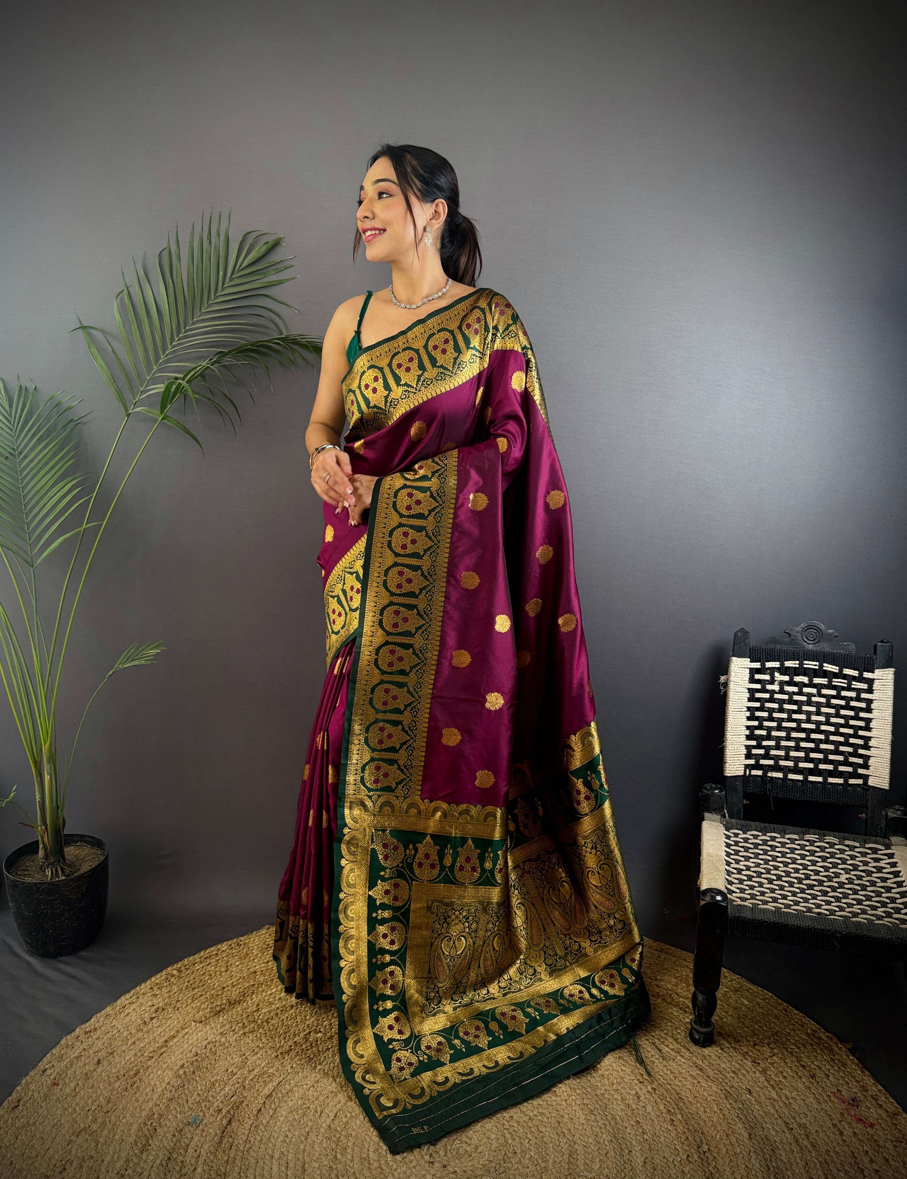 Sonakshi Women's Wine Banarasi Silk Zari Woven Traditional Saree with Blouse