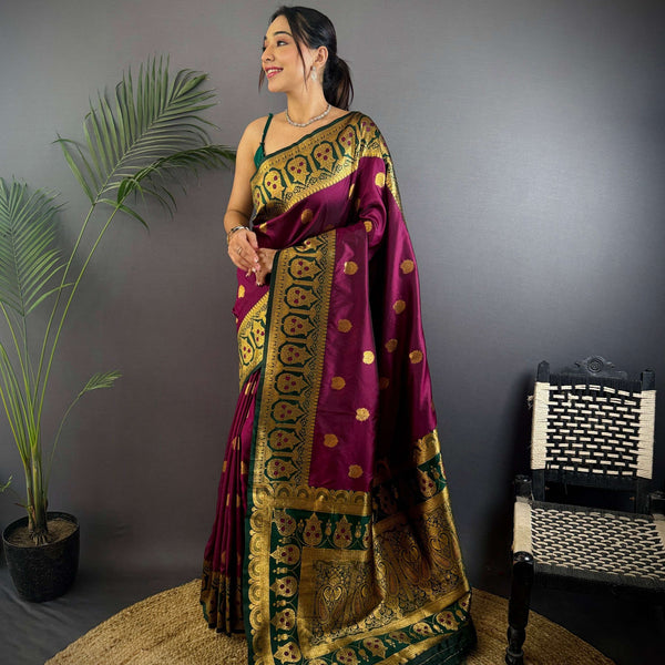 Sonakshi Women's Wine Banarasi Silk Zari Woven Traditional Saree with Blouse - Distacart