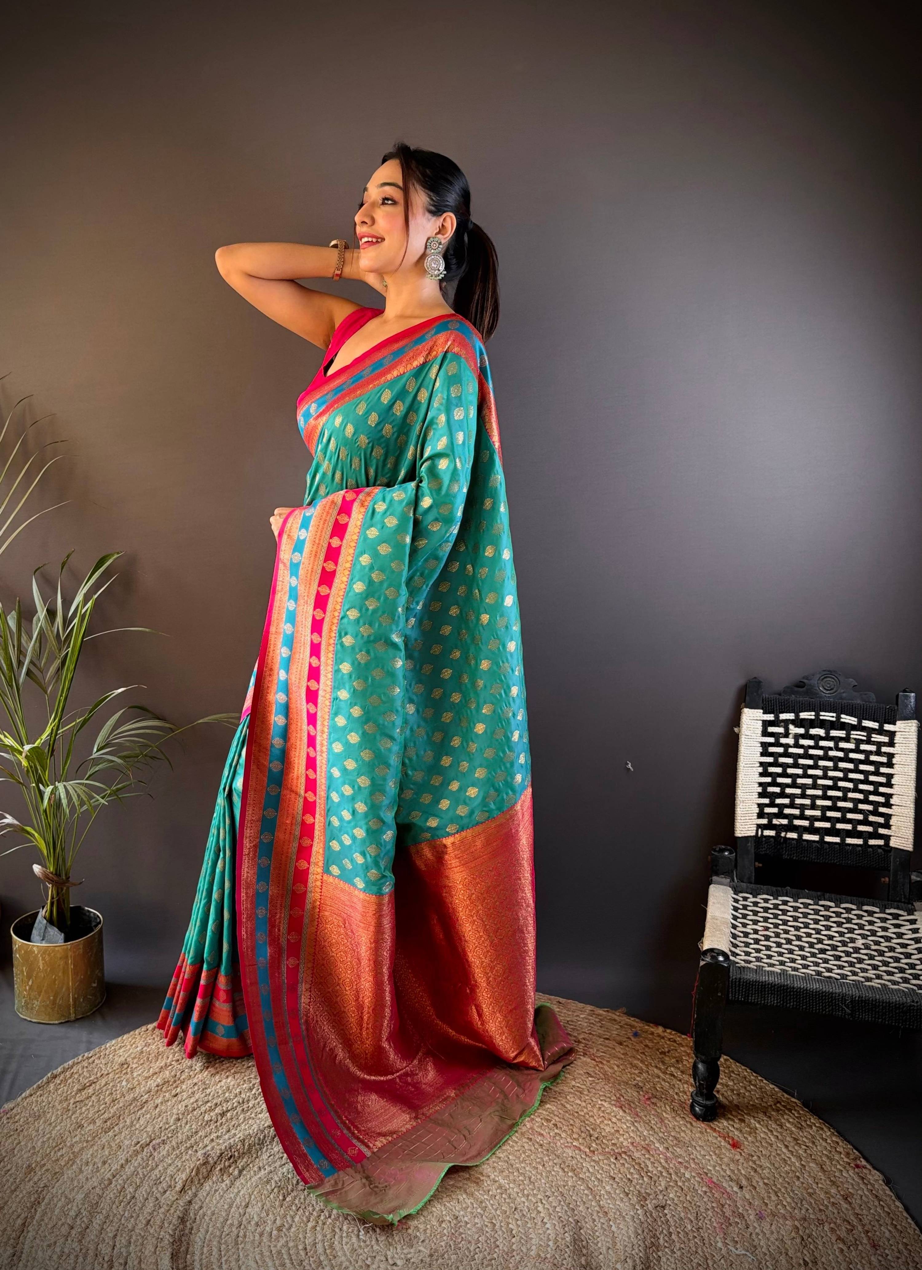 Sonakshi Women's Teal Banarasi Silk Zari Woven Traditional Saree with Blouse