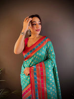 Thumbnail for Sonakshi Women's Teal Banarasi Silk Zari Woven Traditional Saree with Blouse