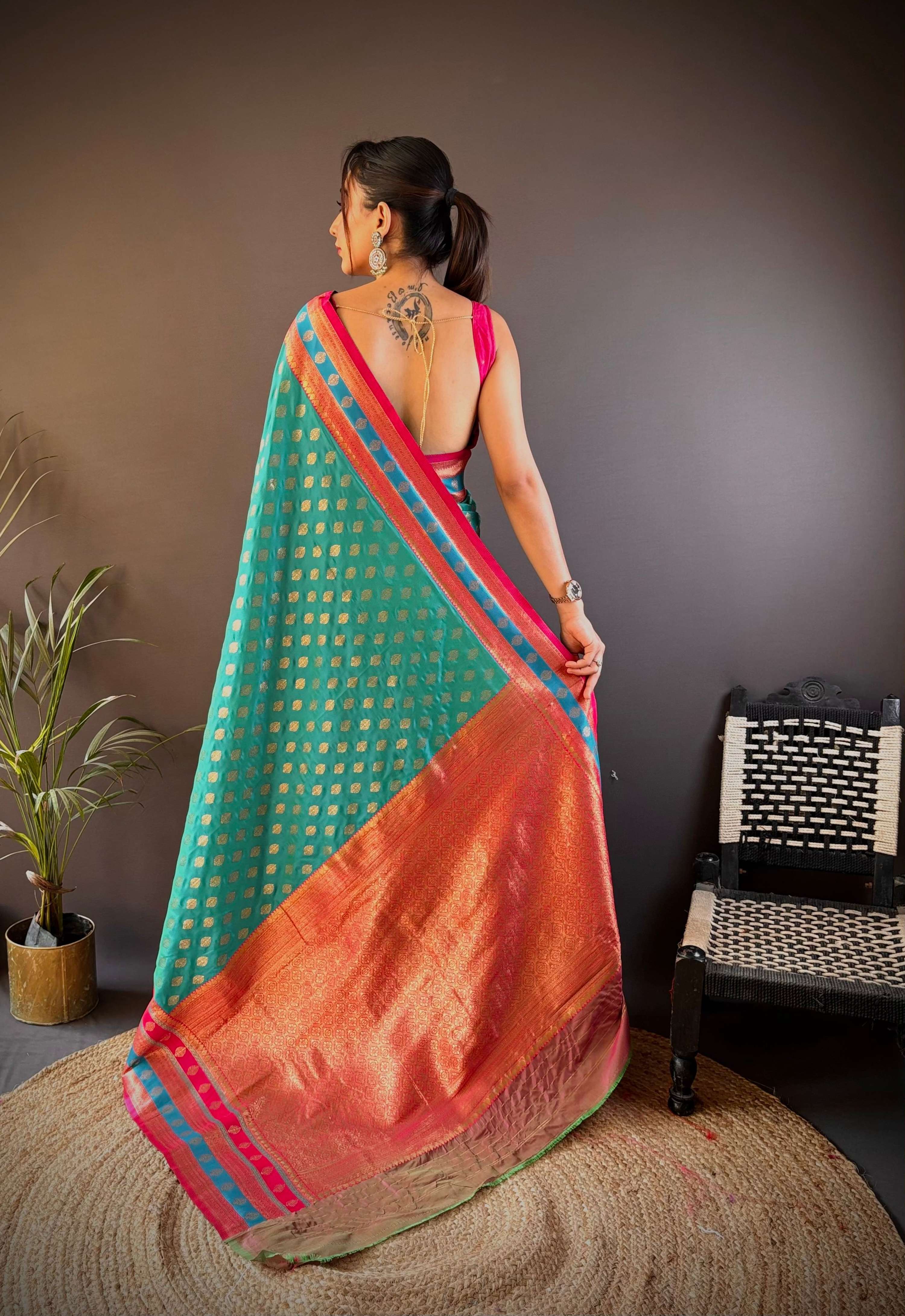 Sonakshi Women's Teal Banarasi Silk Zari Woven Traditional Saree with Blouse