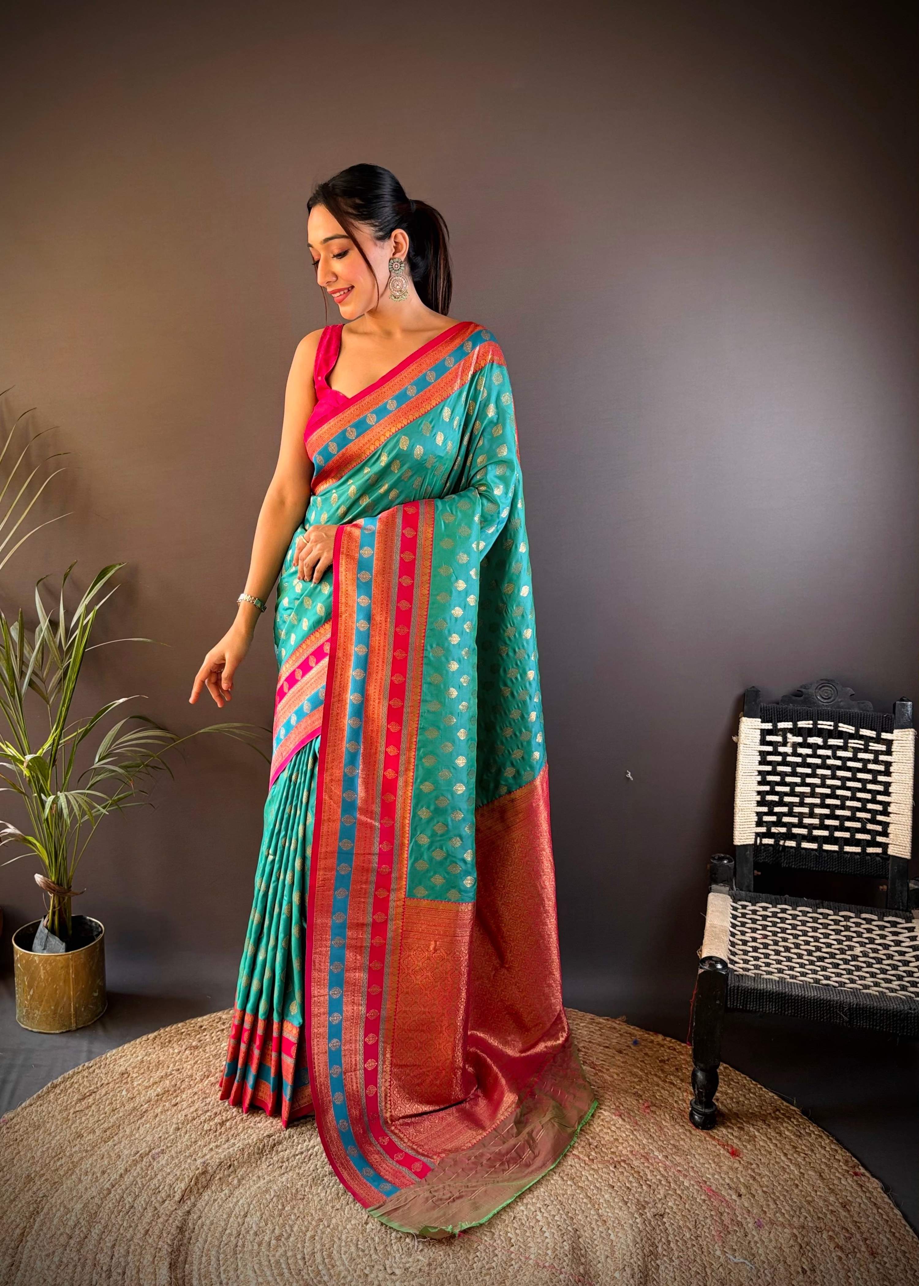 Sonakshi Women's Teal Banarasi Silk Zari Woven Traditional Saree with Blouse