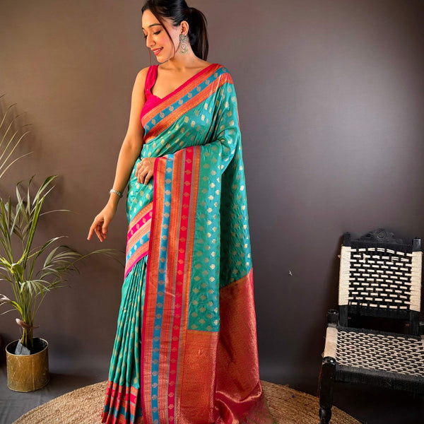 Sonakshi Women's Teal Banarasi Silk Zari Woven Traditional Saree with Blouse - Distacart