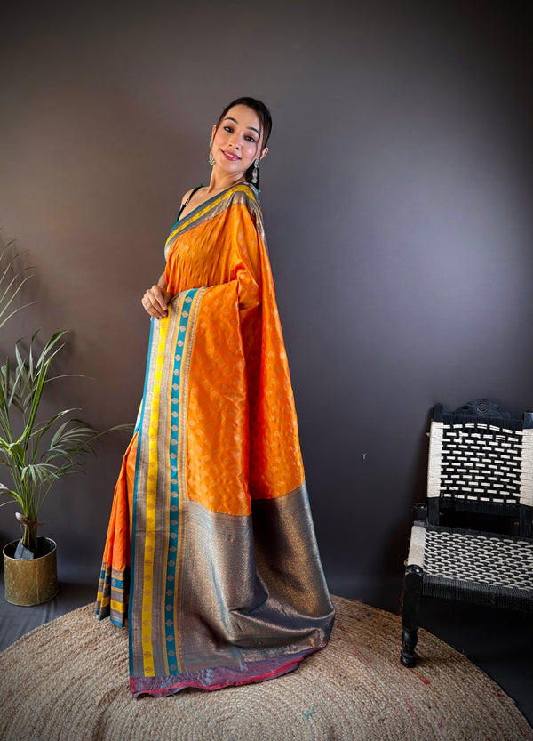 Sonakshi Women's Yellow Banarasi Silk Zari Woven Traditional Saree with Blouse
