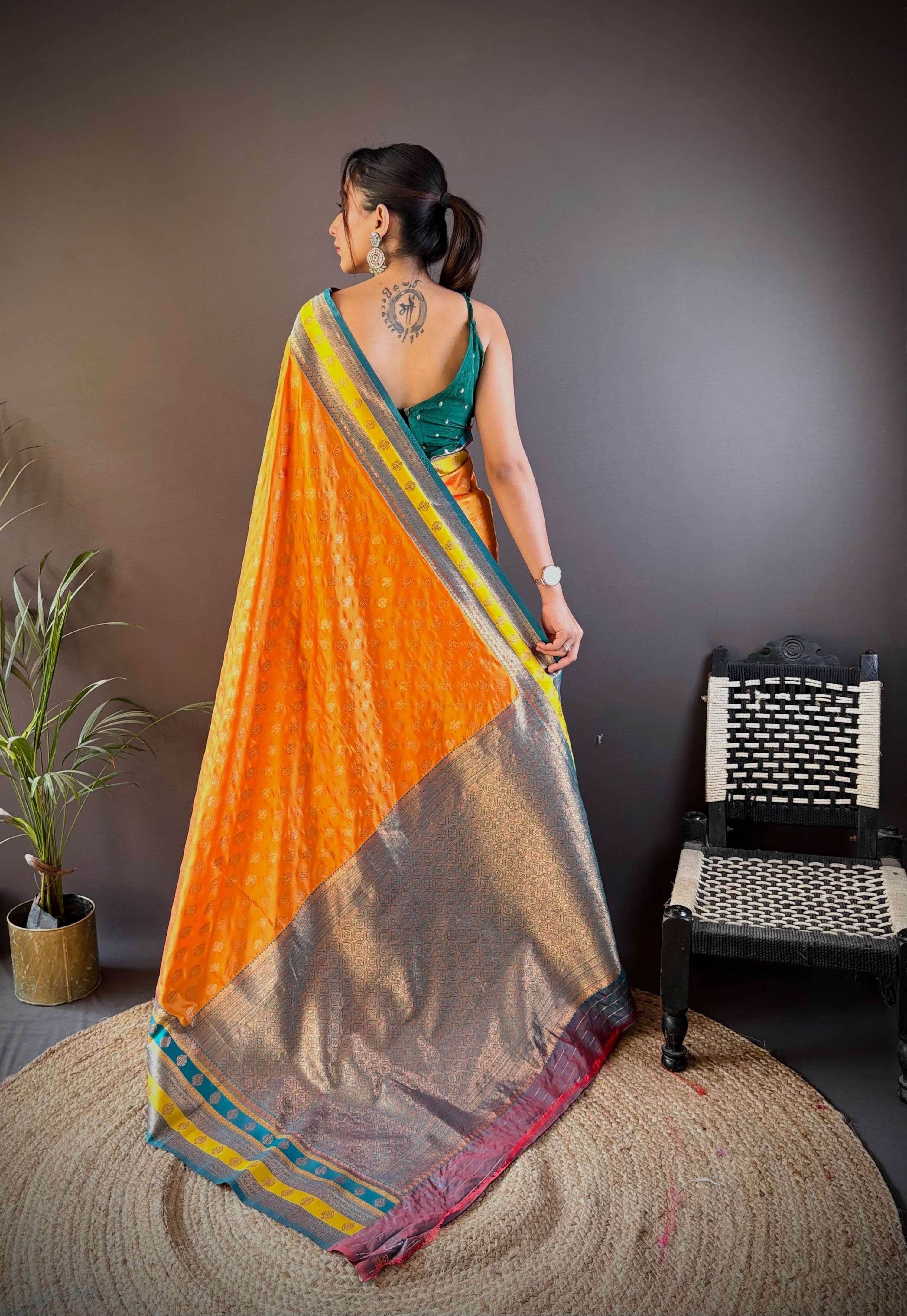 Sonakshi Women's Yellow Banarasi Silk Zari Woven Traditional Saree with Blouse