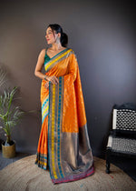 Thumbnail for Sonakshi Women's Yellow Banarasi Silk Zari Woven Traditional Saree with Blouse