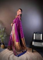 Thumbnail for Sonakshi Women's Purple Banarasi Silk Zari Woven Traditional Saree with Blouse