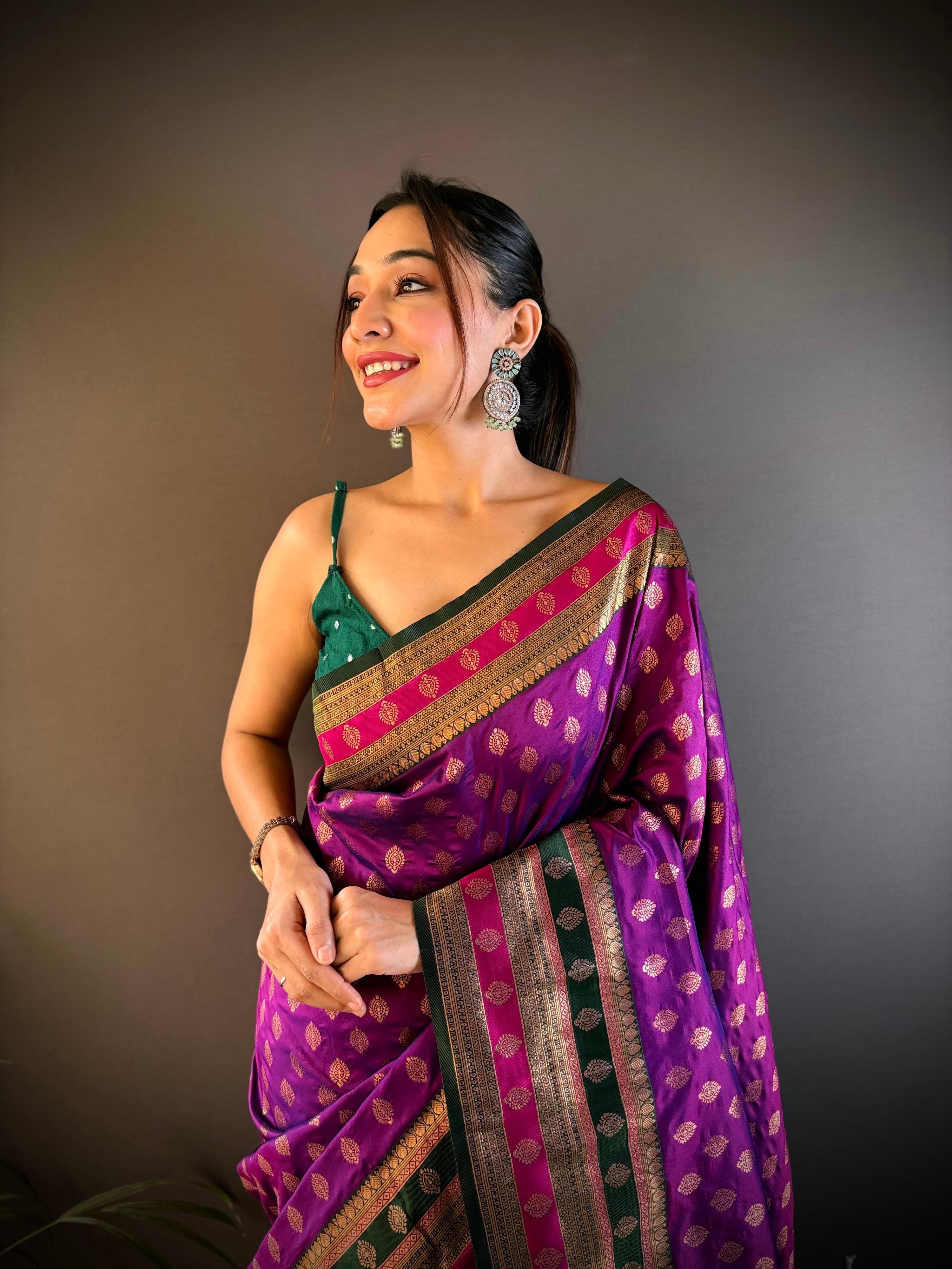 Sonakshi Women's Purple Banarasi Silk Zari Woven Traditional Saree with Blouse