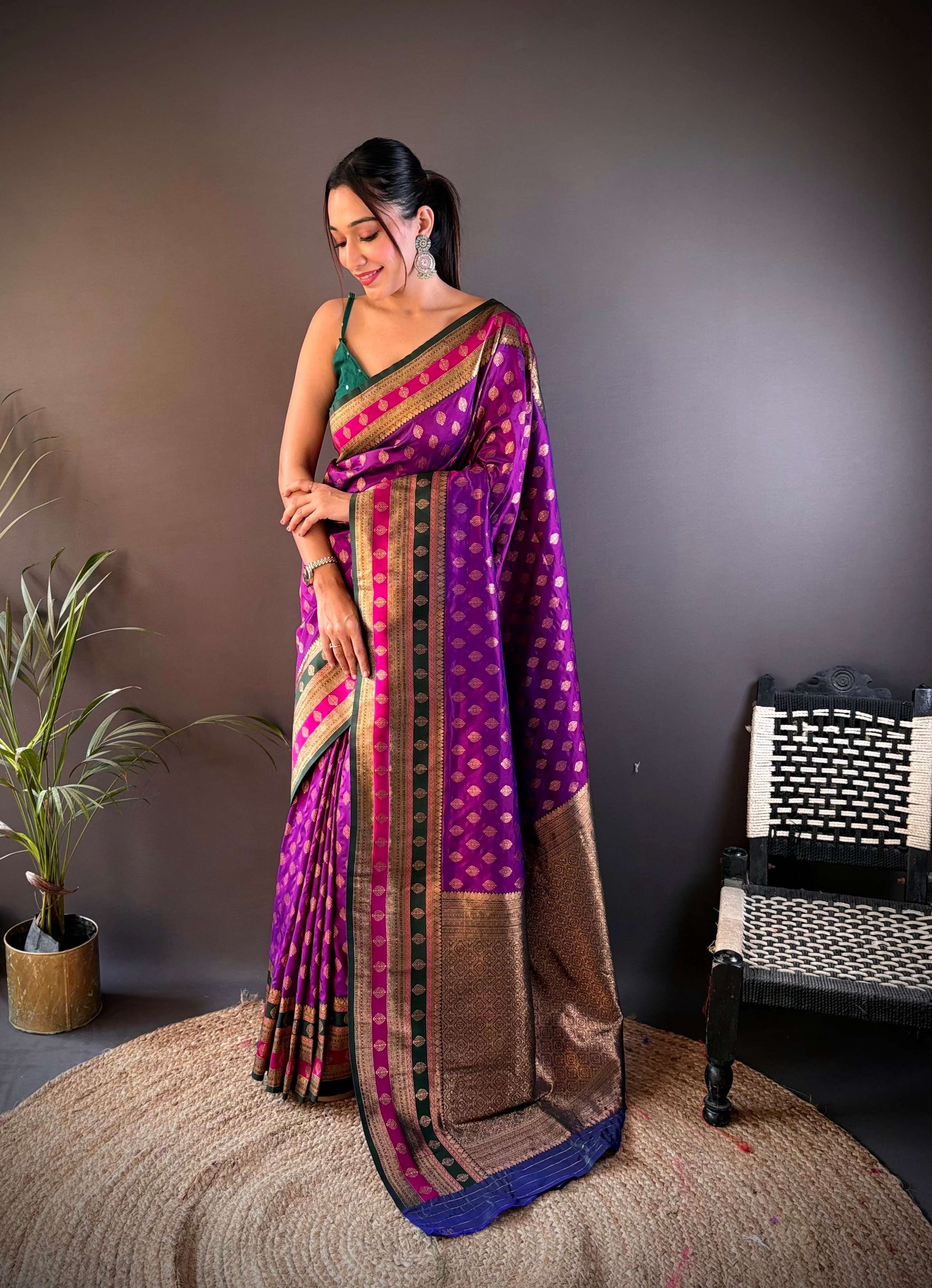 Sonakshi Women's Purple Banarasi Silk Zari Woven Traditional Saree with Blouse