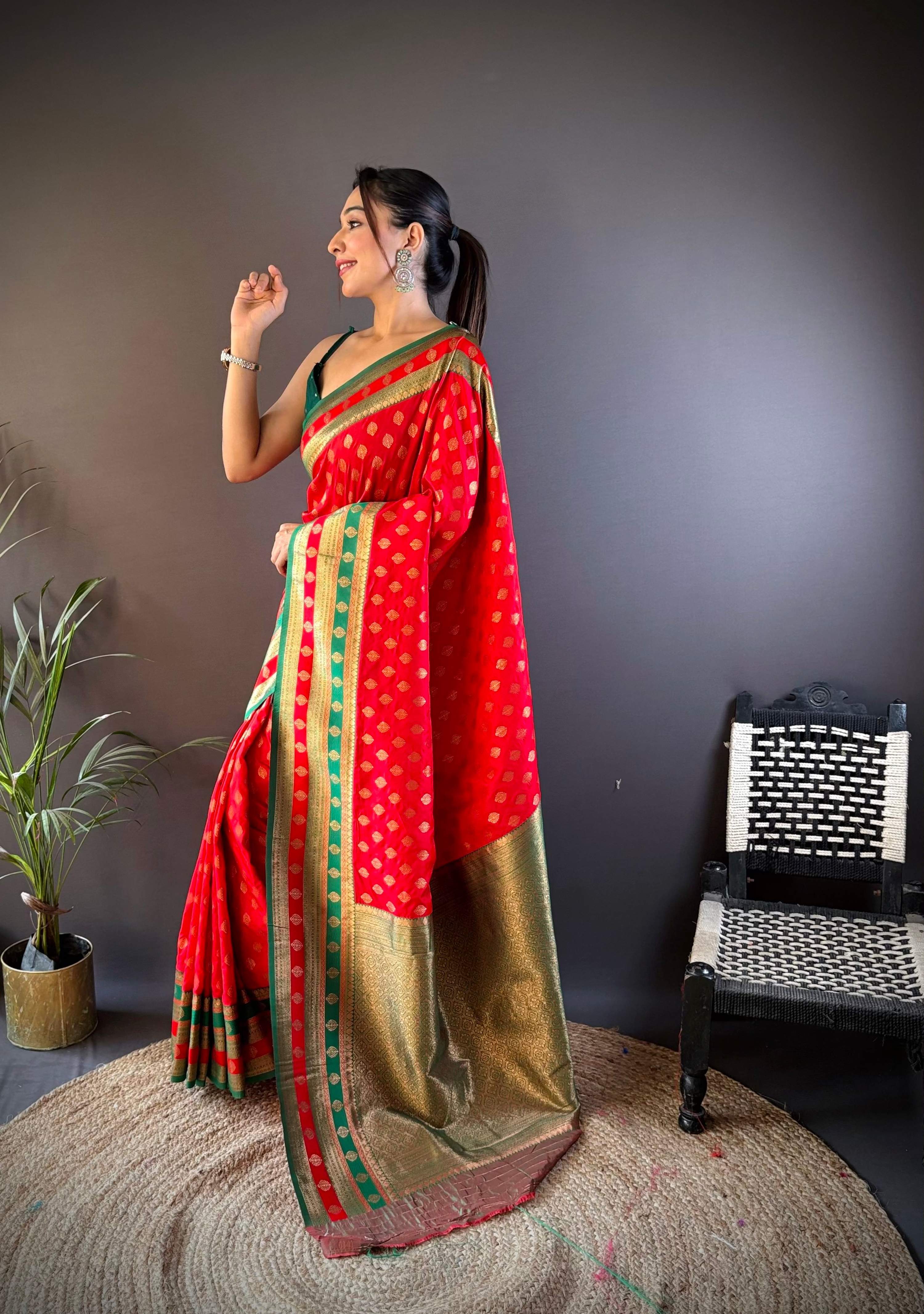 Sonakshi Women's Red Banarasi Silk Zari Woven Traditional Saree with Blouse