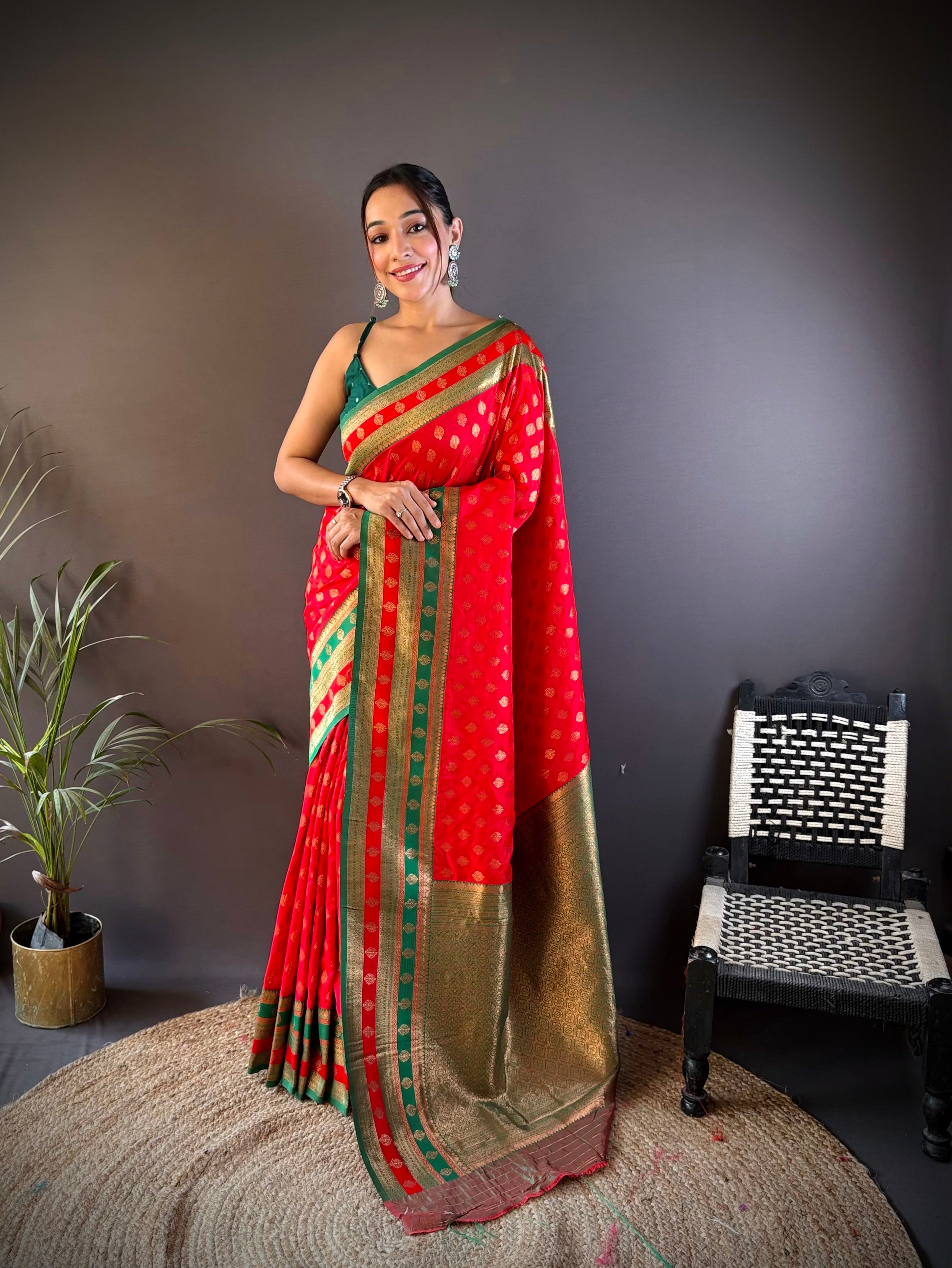 Sonakshi Women's Red Banarasi Silk Zari Woven Traditional Saree with Blouse