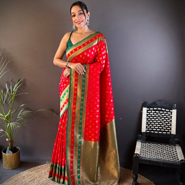Sonakshi Women's Red Banarasi Silk Zari Woven Traditional Saree with Blouse - Distacart