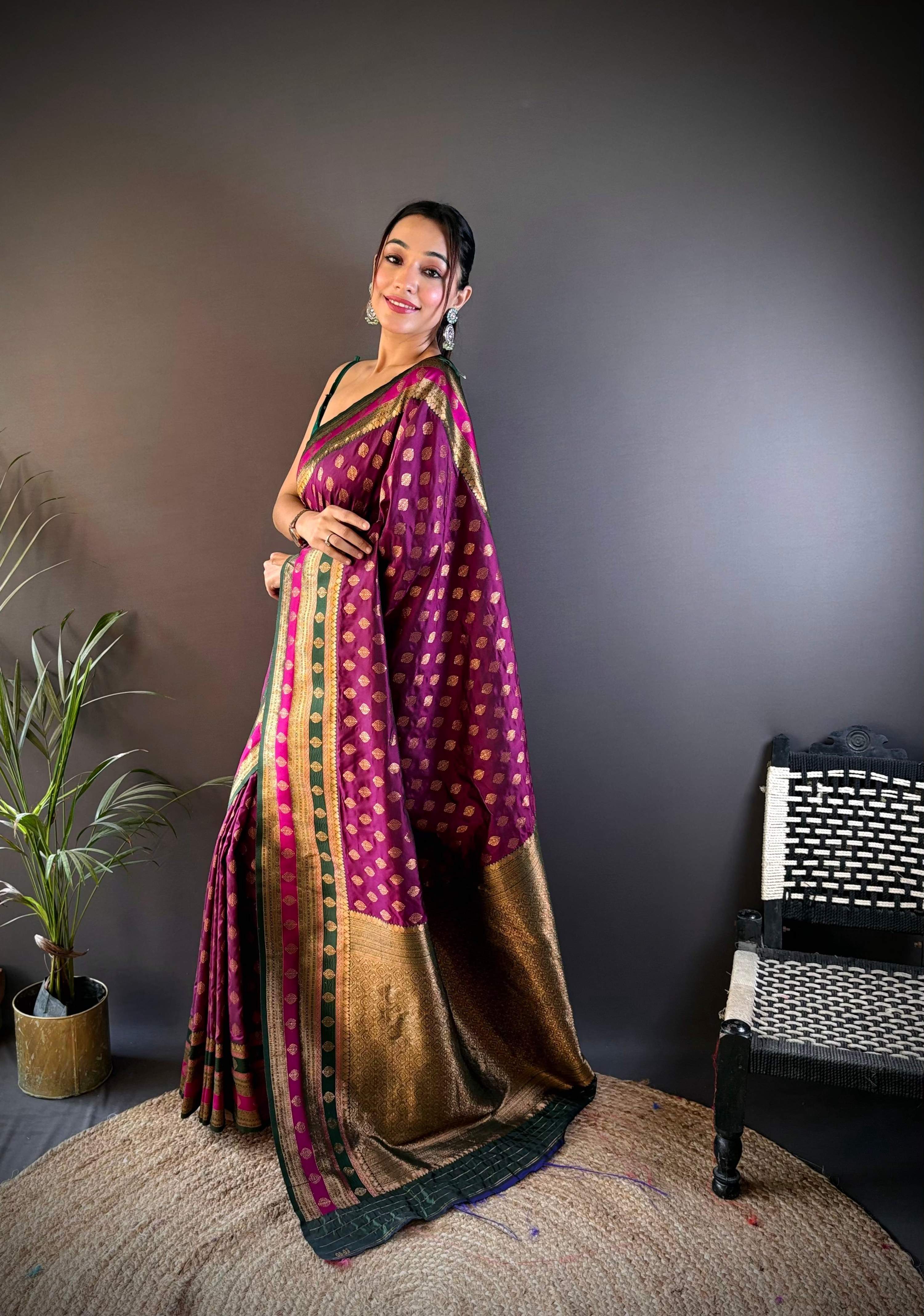 Sonakshi Women's Wine Banarasi Silk Zari Woven Traditional Saree with Blouse