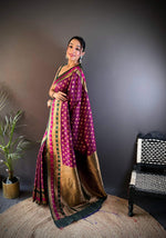 Thumbnail for Sonakshi Women's Wine Banarasi Silk Zari Woven Traditional Saree with Blouse